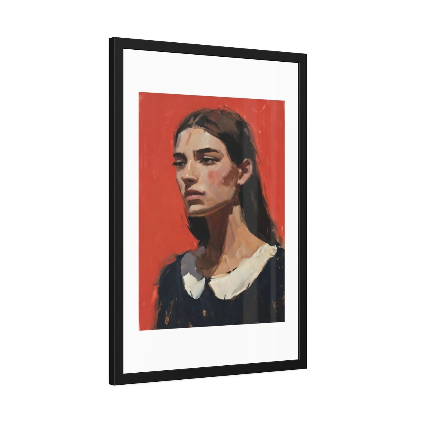 Framed Art Print — Distant Woman Portrait Painting on Red Background