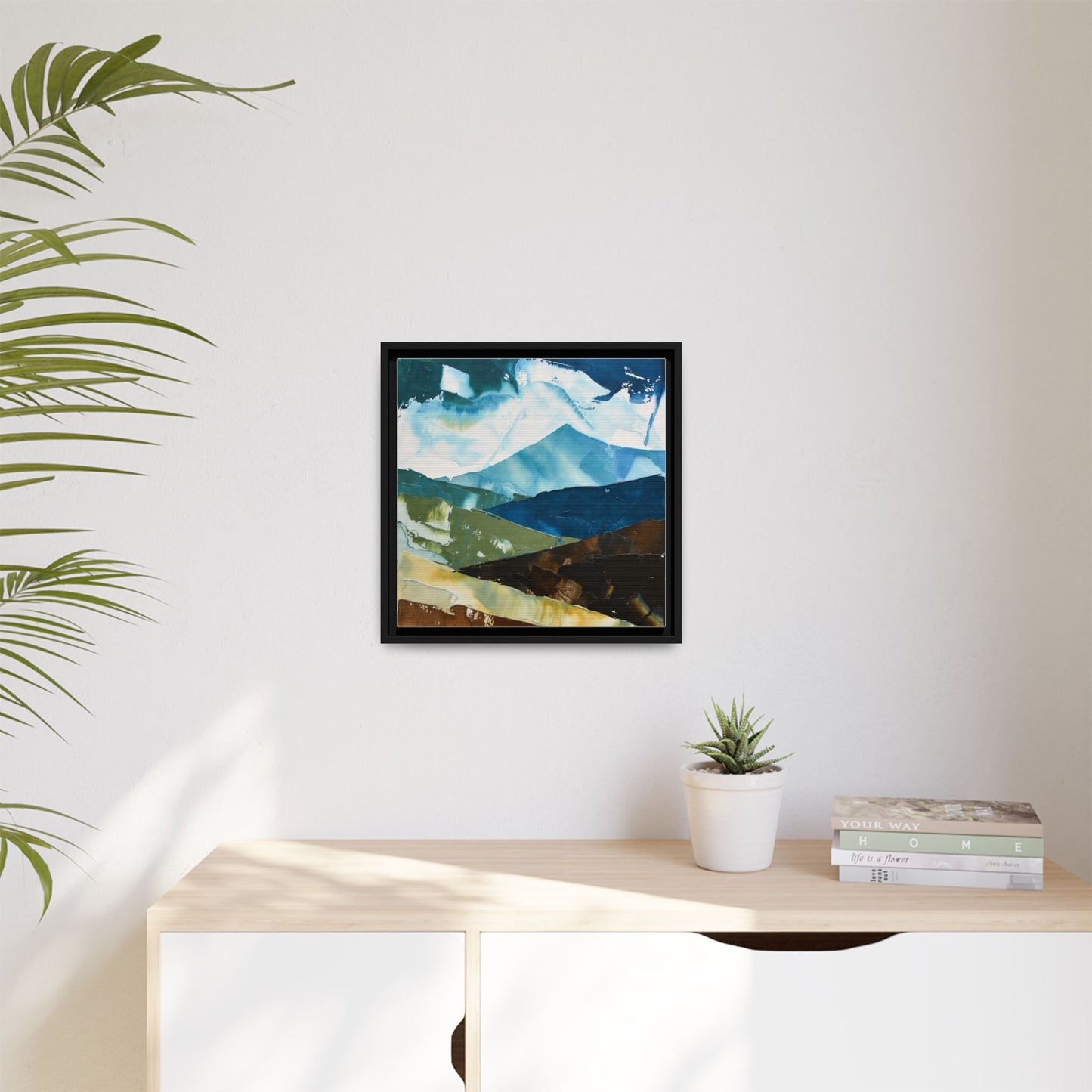Framed Abstract Mountain Canvas Art — Blue & Earthtone Landscape Print