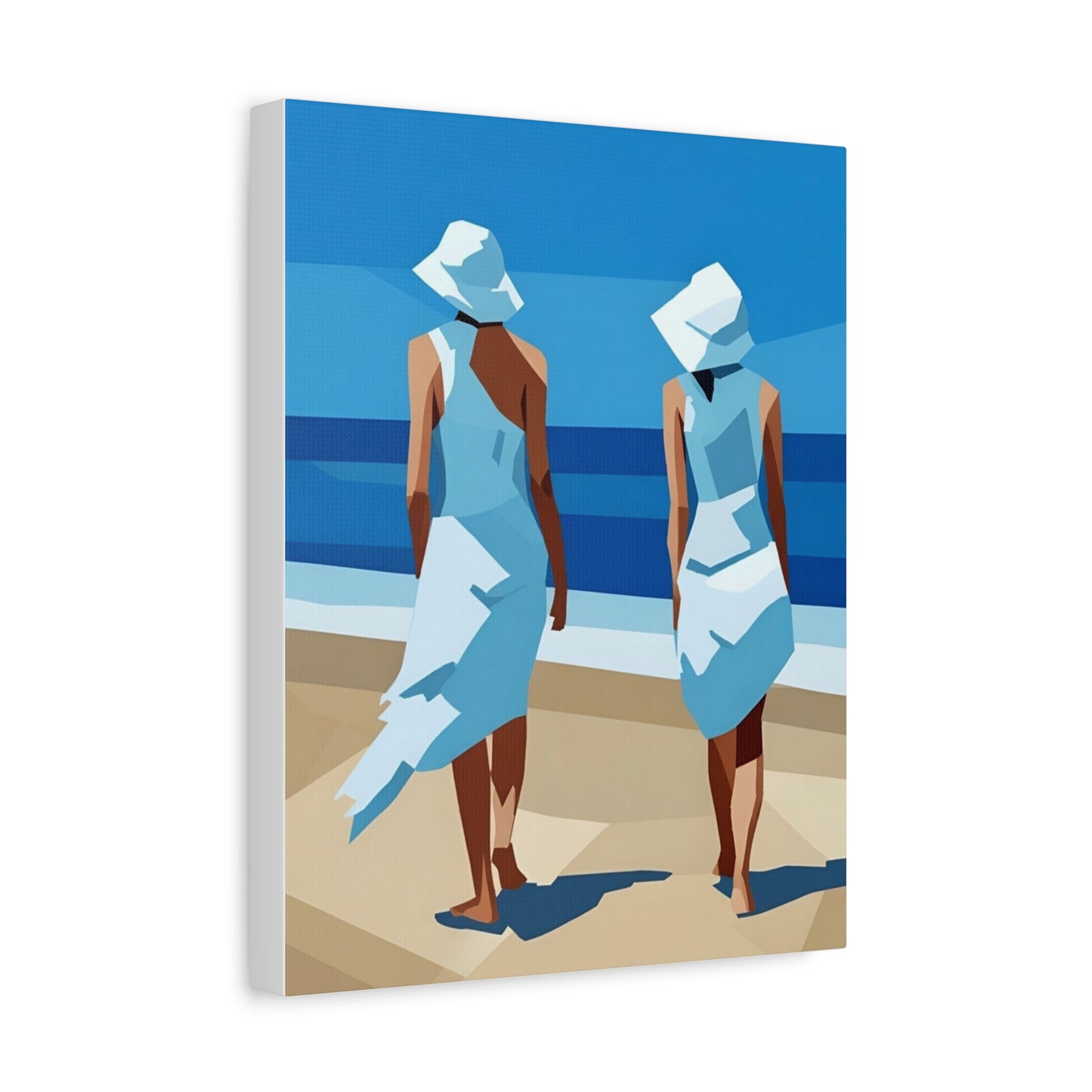 Beach Stroll Canvas Print — Two Women in Blue Sun Hats Matte Stretched
