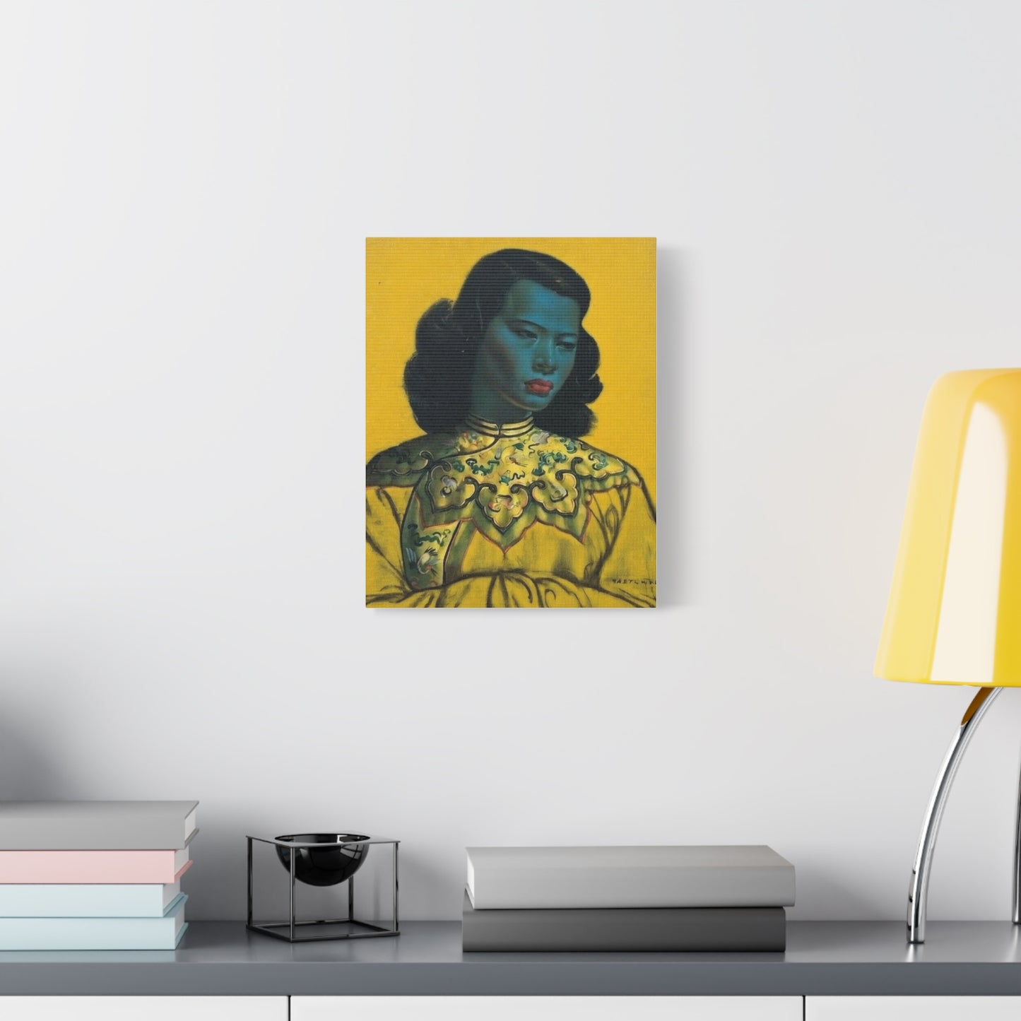 Vintage Portrait Canvas Print — Mid-Century Asian Woman Art on Yellow Background