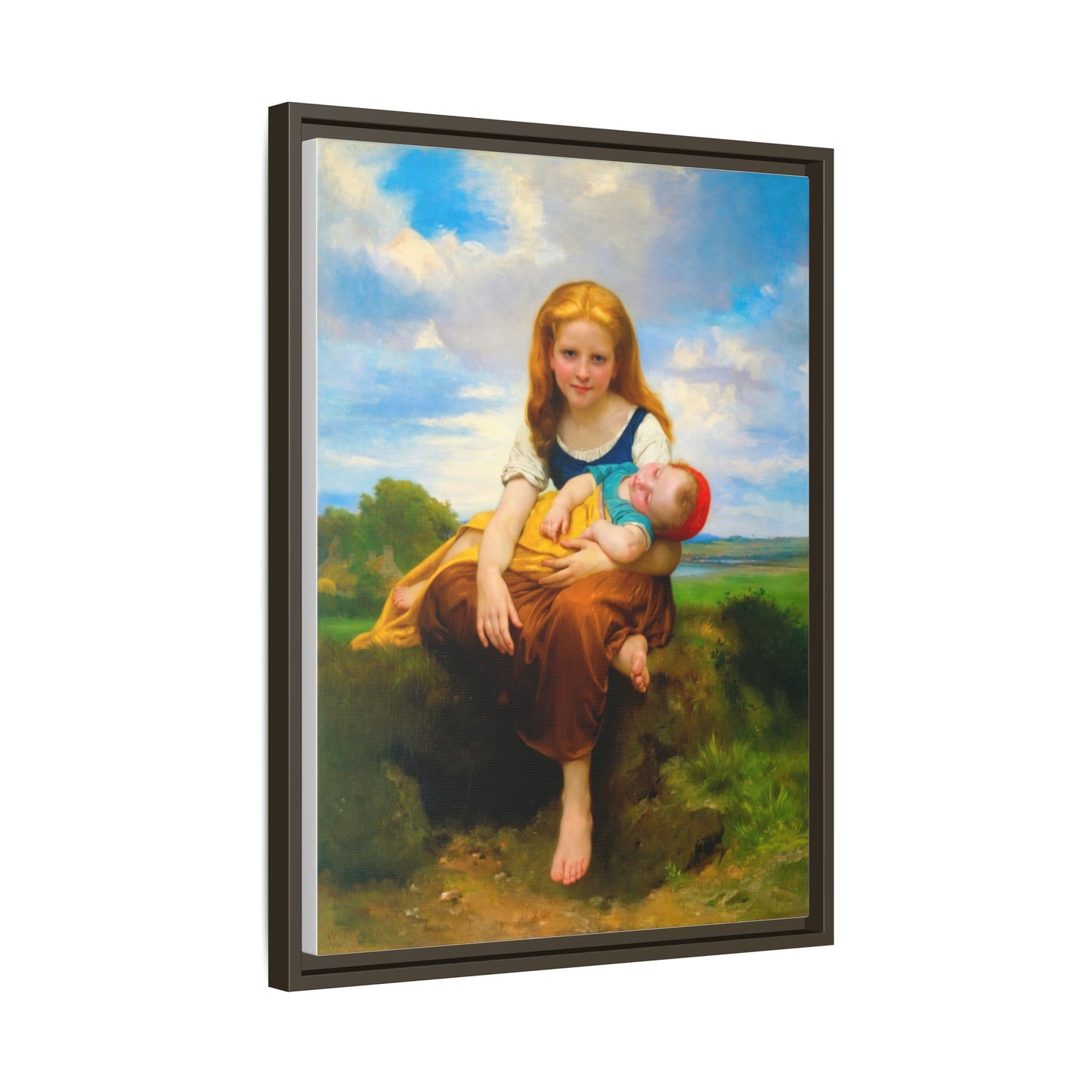 Young Girl Holding Sleeping Baby Canvas Print, Framed Wall Art