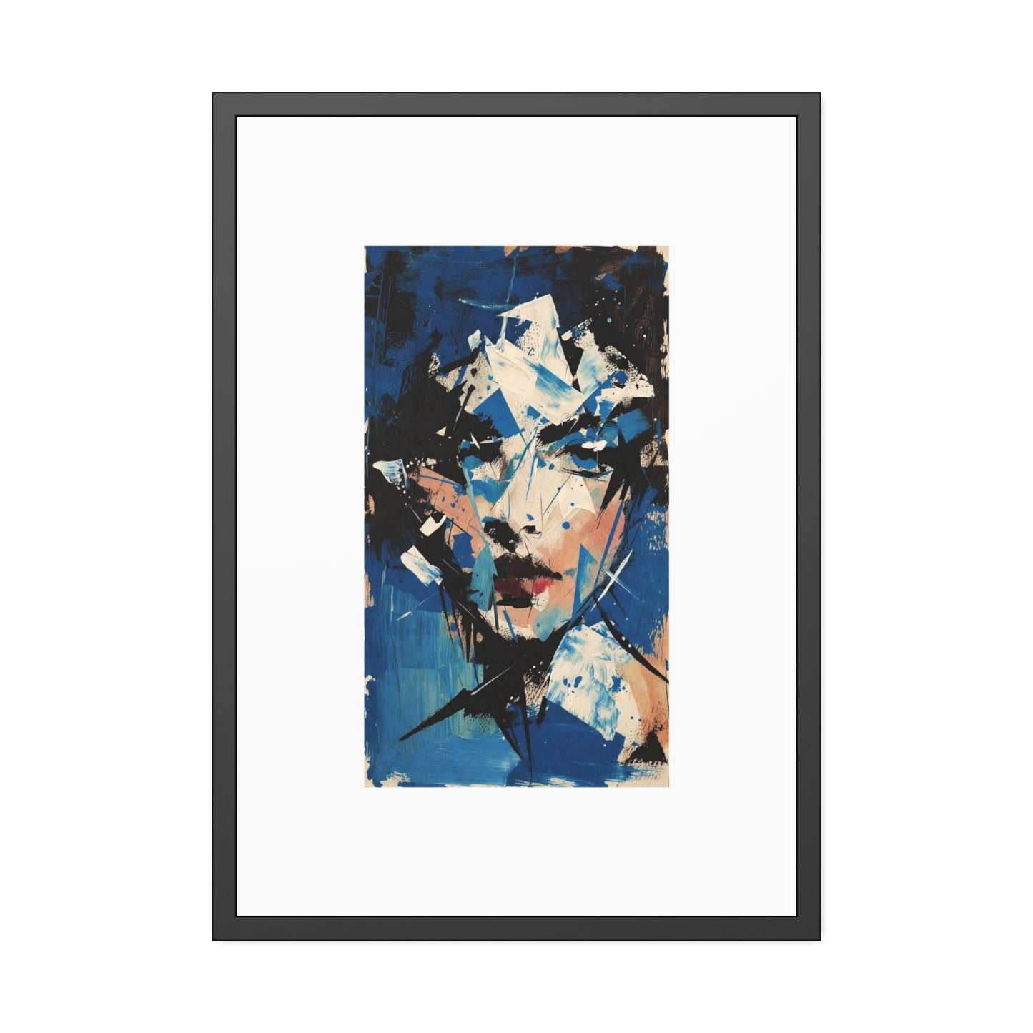 Abstract Blue Portrait Framed Paper Poster — Modern Expressionist Wall Art