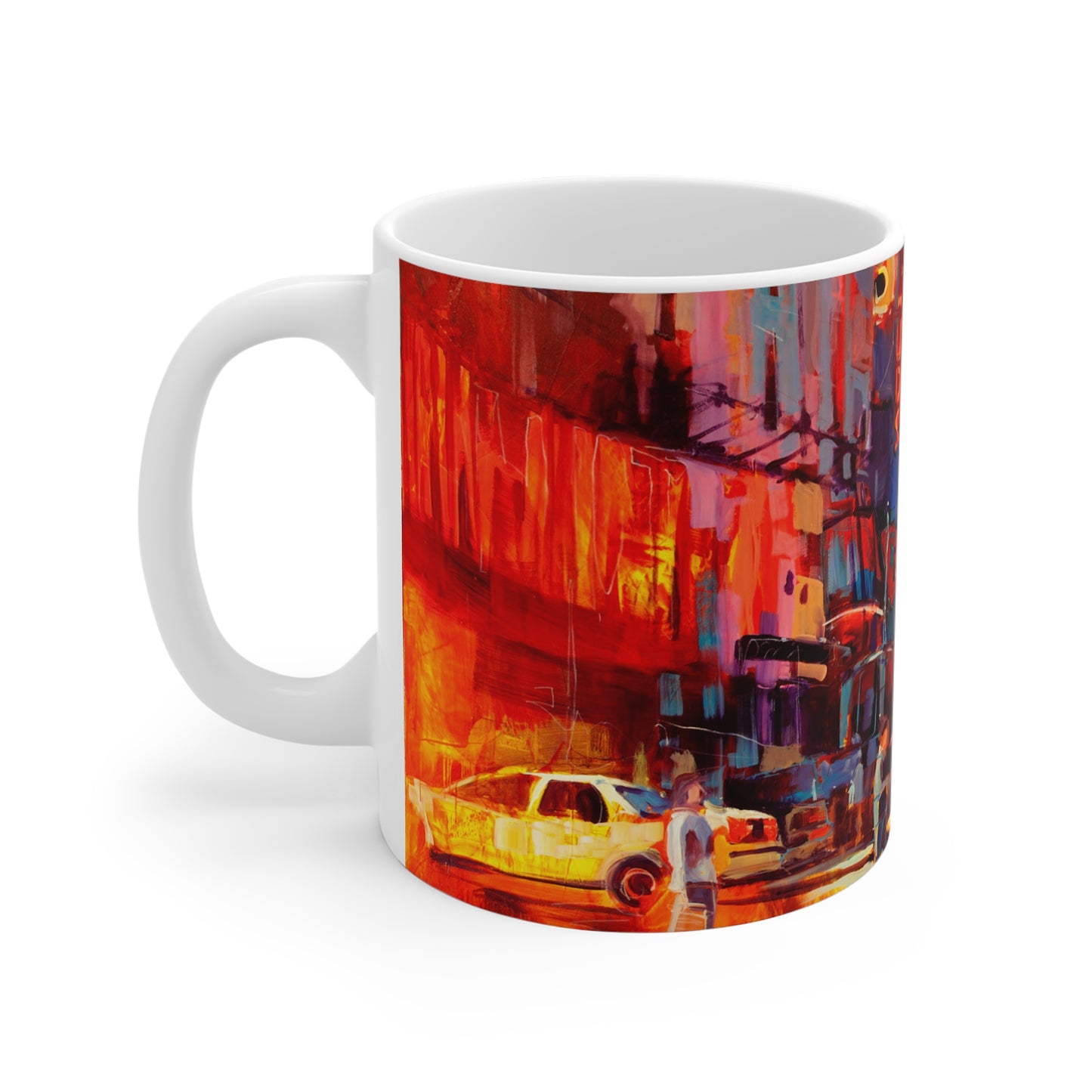 City Nights Coffee Mug — Vibrant Urban Taxi Street Art 11oz