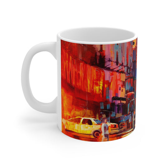 City Nights Coffee Mug — Vibrant Urban Taxi Street Art 11oz