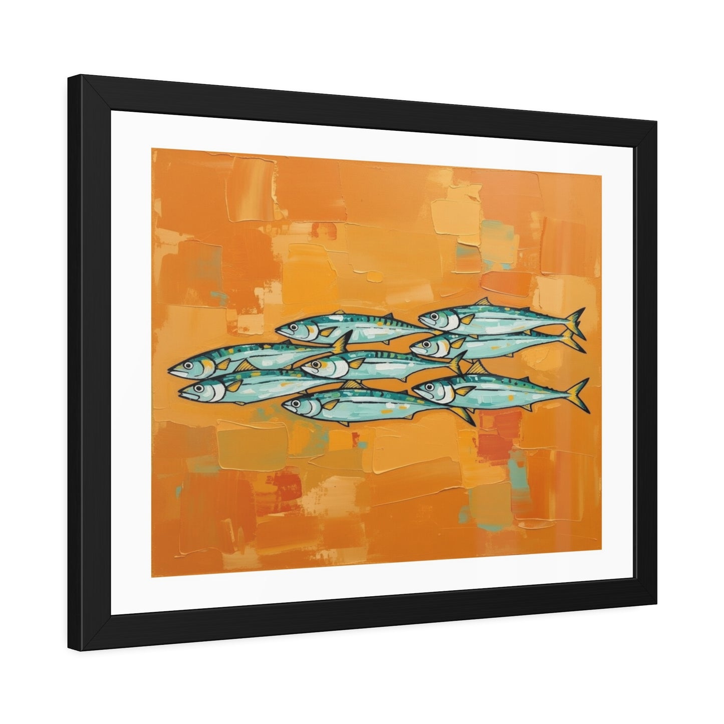 Framed Fish Art Print — School of Mackerel on Orange Abstract Background
