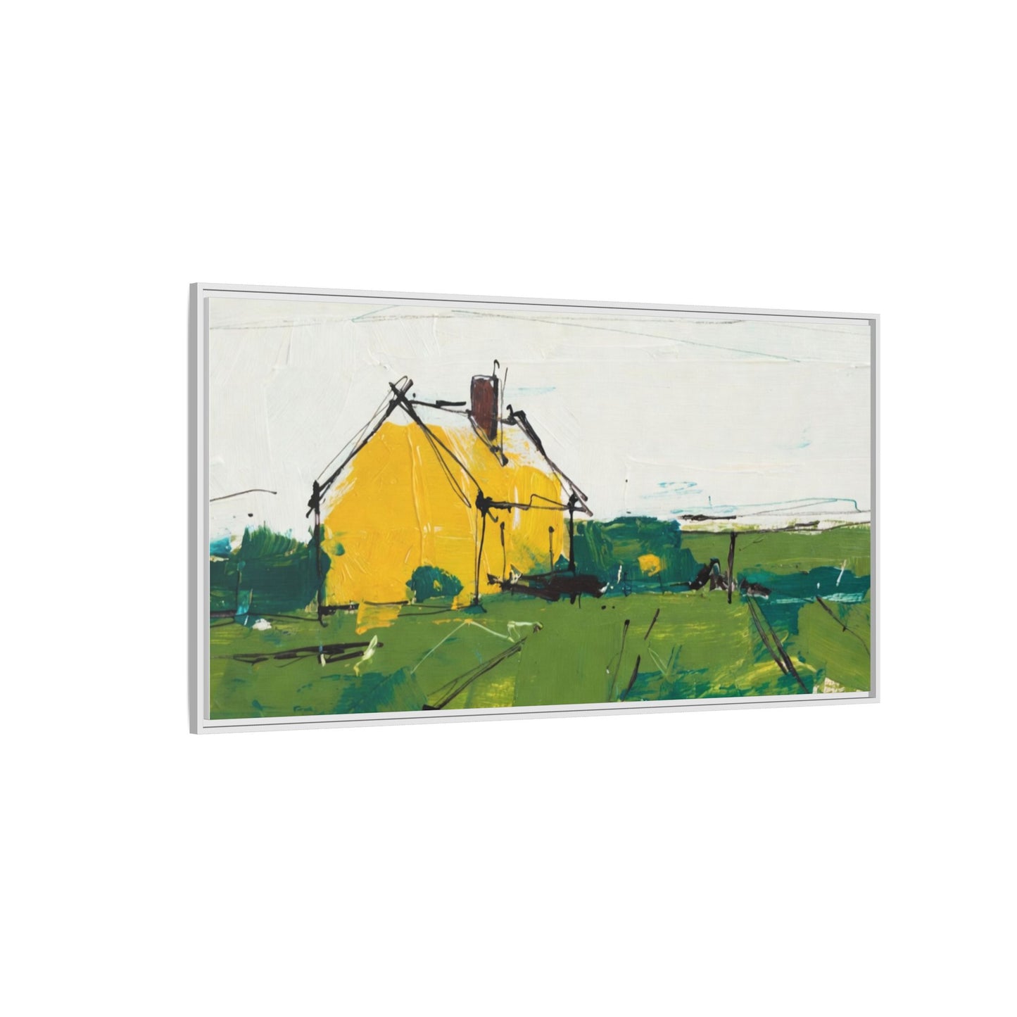 Yellow Cottage Landscape Framed Canvas Print