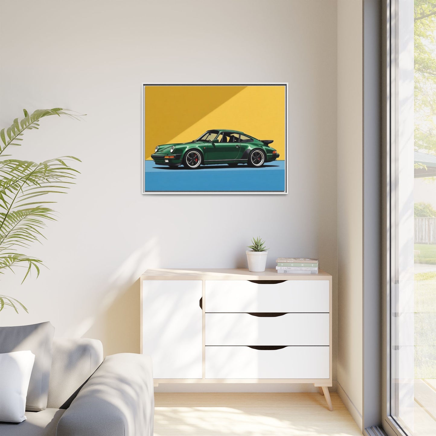 Framed Matte Canvas — Green Sports Car Wall Art