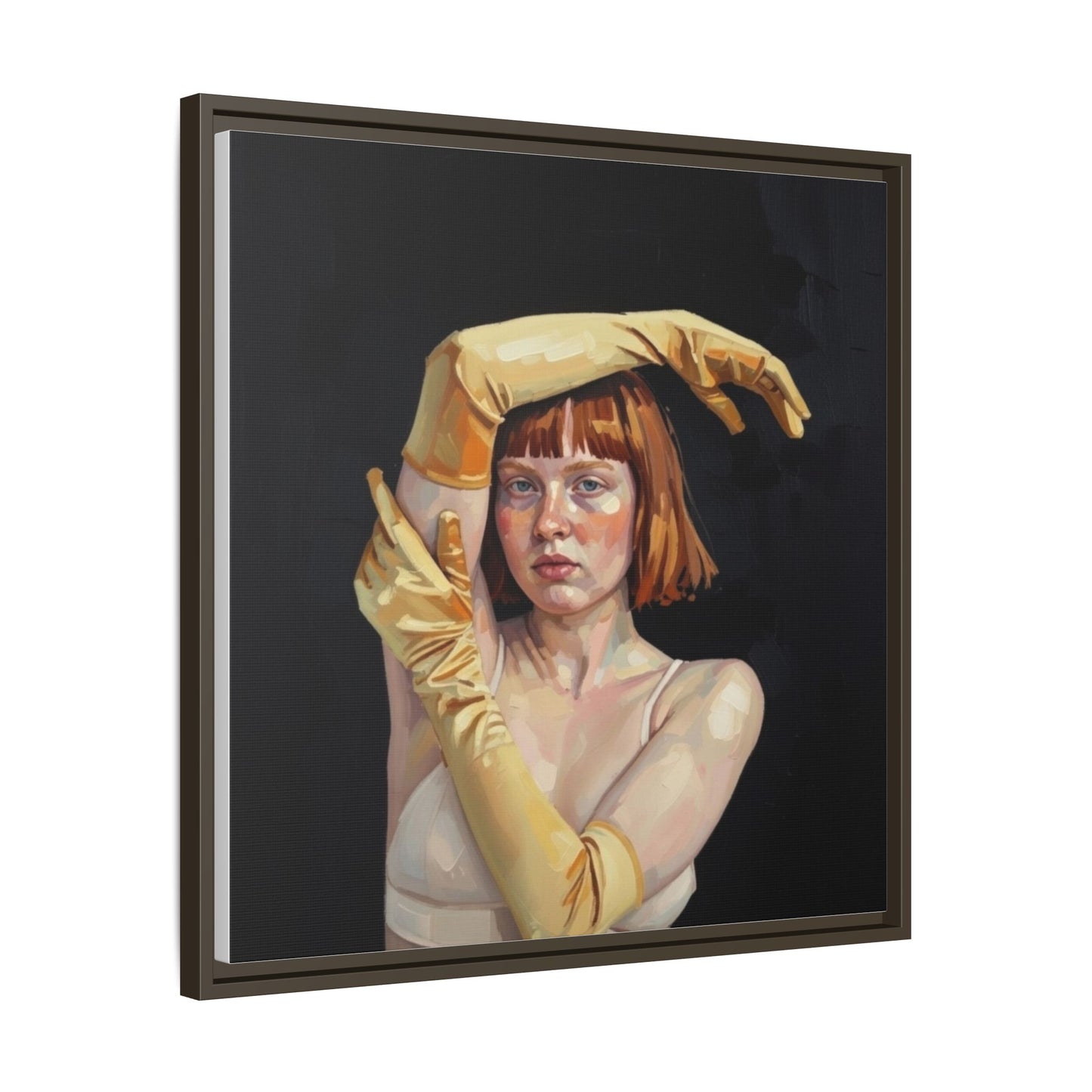 Framed Matte Canvas Art – Portrait of Woman in Yellow Gloves