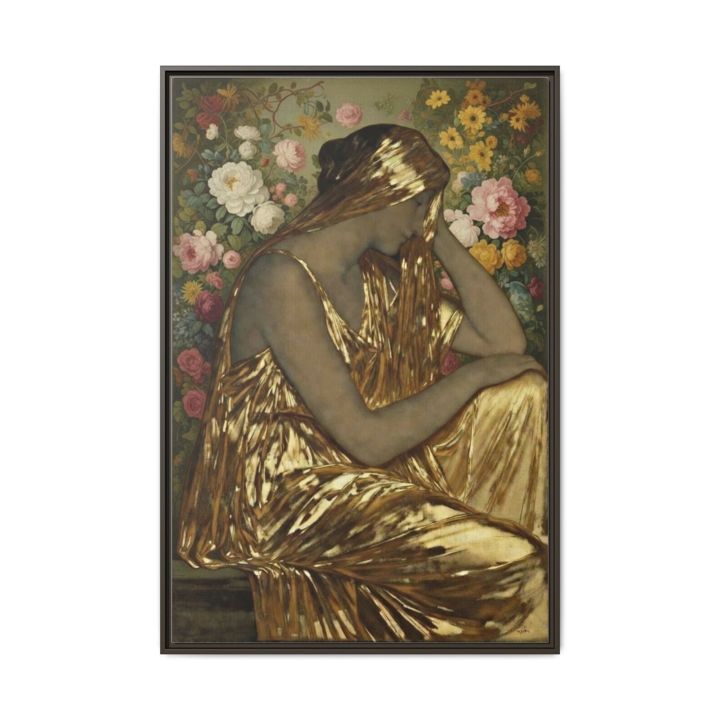 Framed Canvas Art Print — Golden Muse Woman with Floral Background