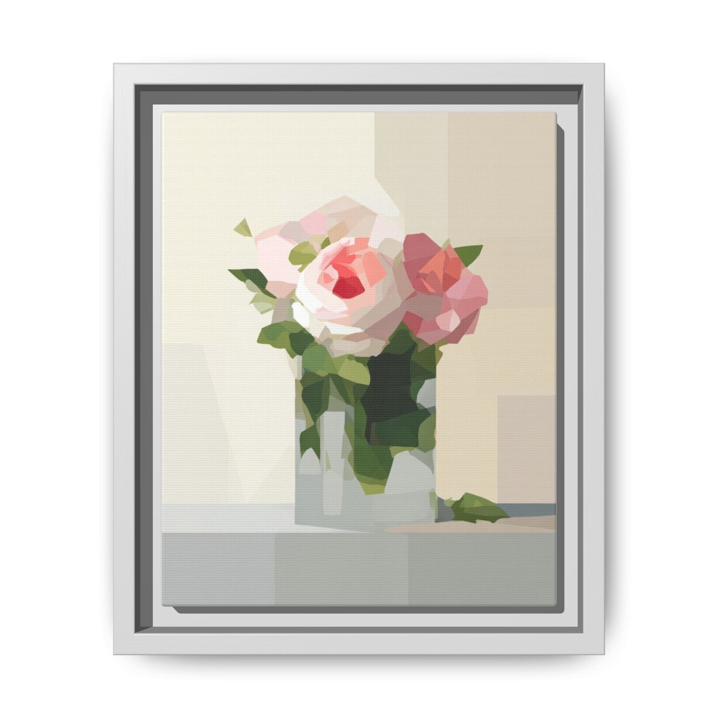 Framed Floral Canvas Print — Geometric Pink Rose Wall Art