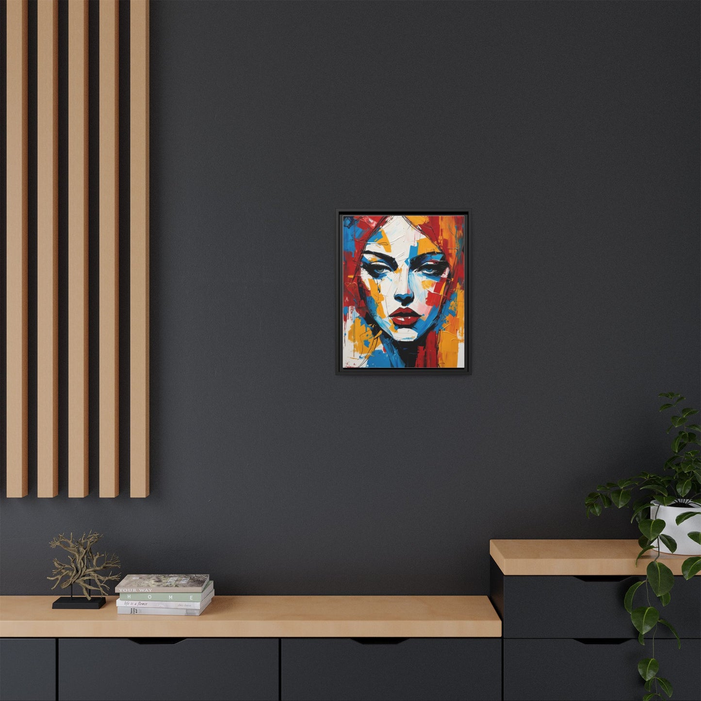 Framed Abstract Portrait Canvas — Colorful Female Face Wall Art