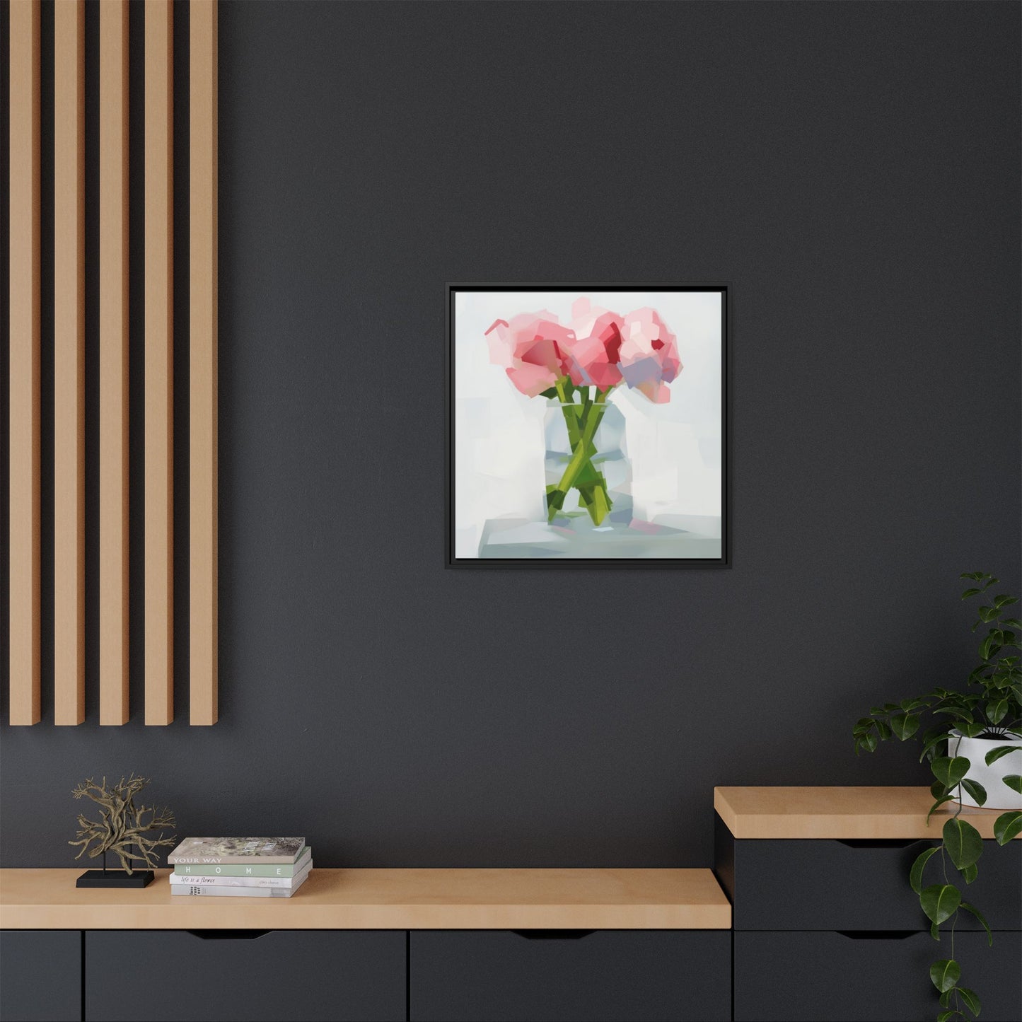 Framed Floral Canvas Art — Pink Peonies in Vase (Matte)