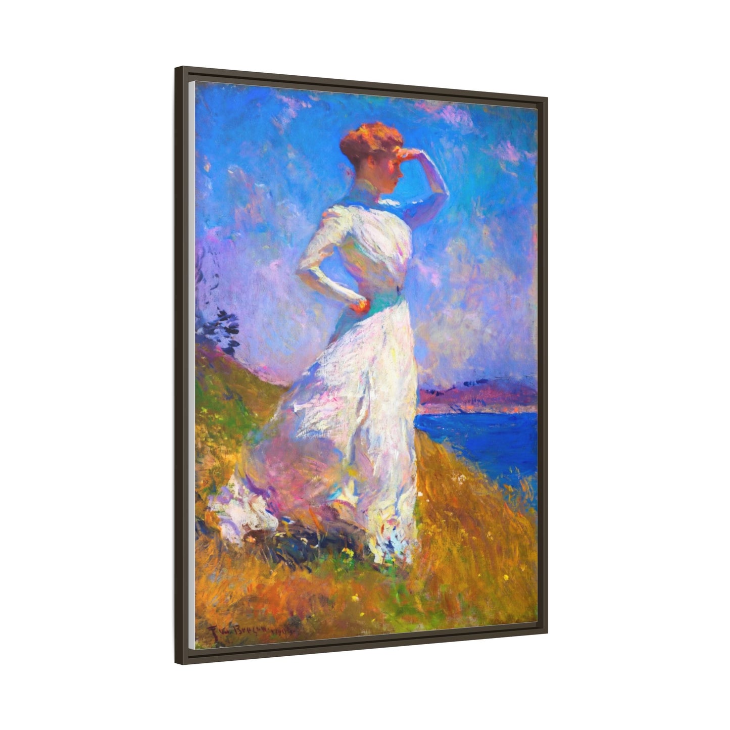 Framed Matte Canvas Art - Woman in White Seaside Impressionist Print