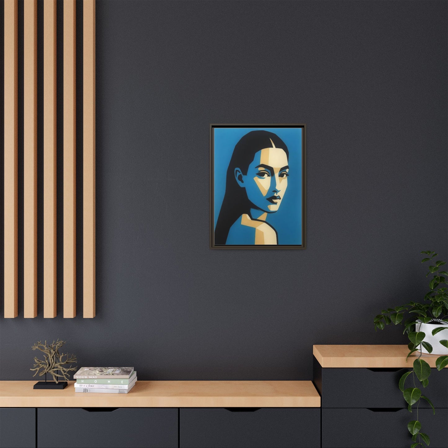 Framed Pop Art Portrait Canvas — Blue Geometric Woman Print