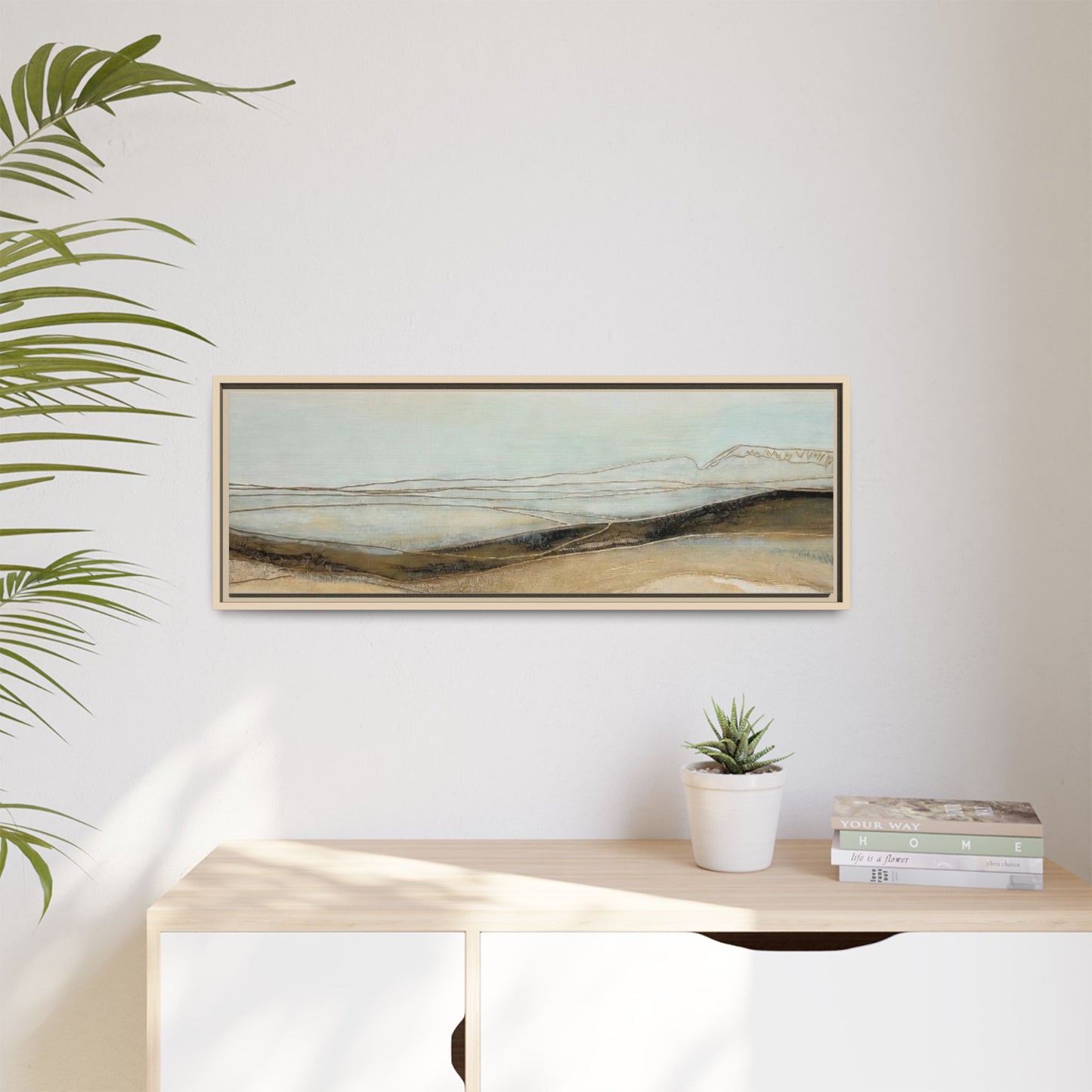Framed Matte Canvas Wall Art — Neutral Abstract Landscape in Soft Blues & Earth Tones