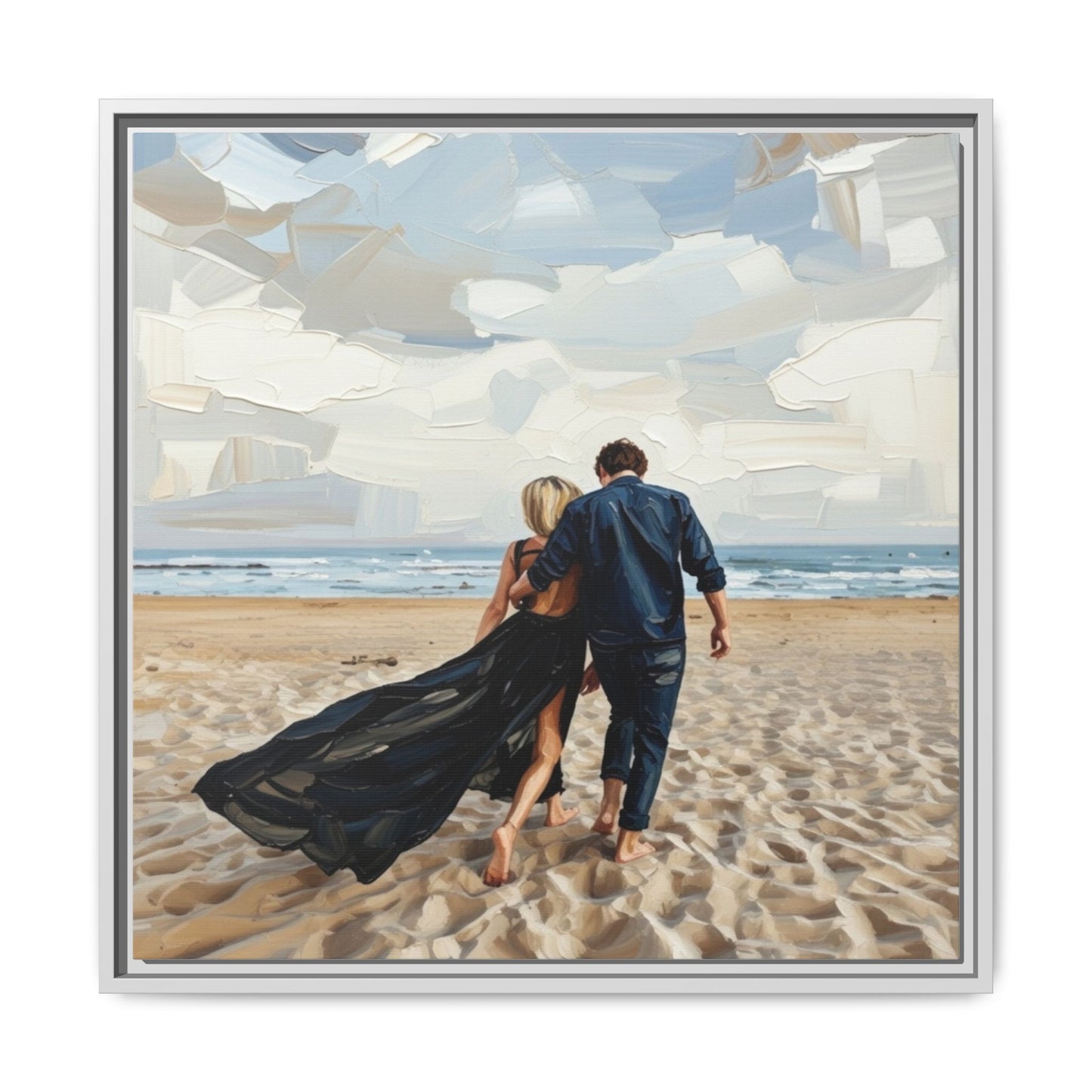 Framed Canvas Wall Art — Romantic Couple Walking on Beach Print