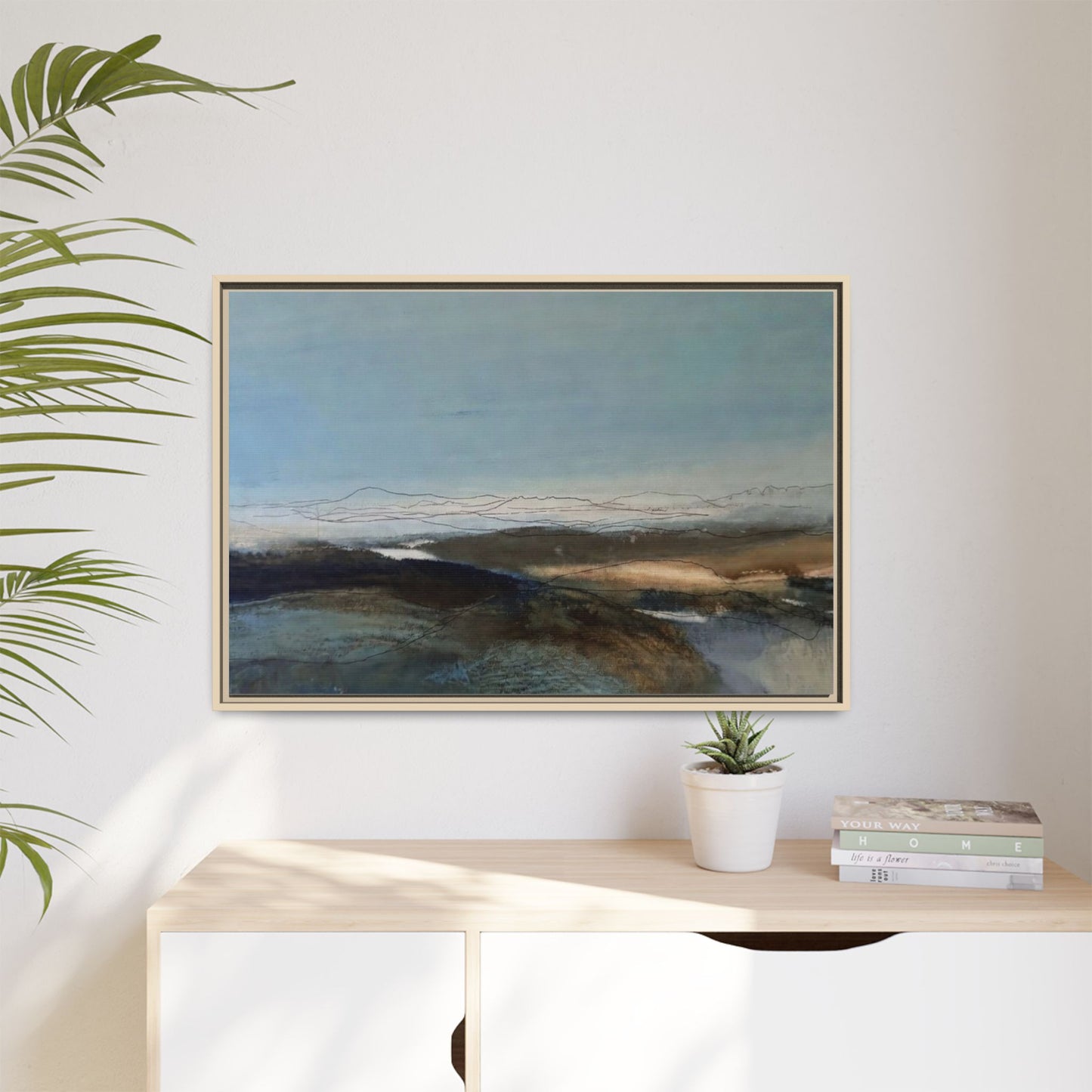Framed Matte Canvas Wall Art — Serene Abstract Blue Landscape