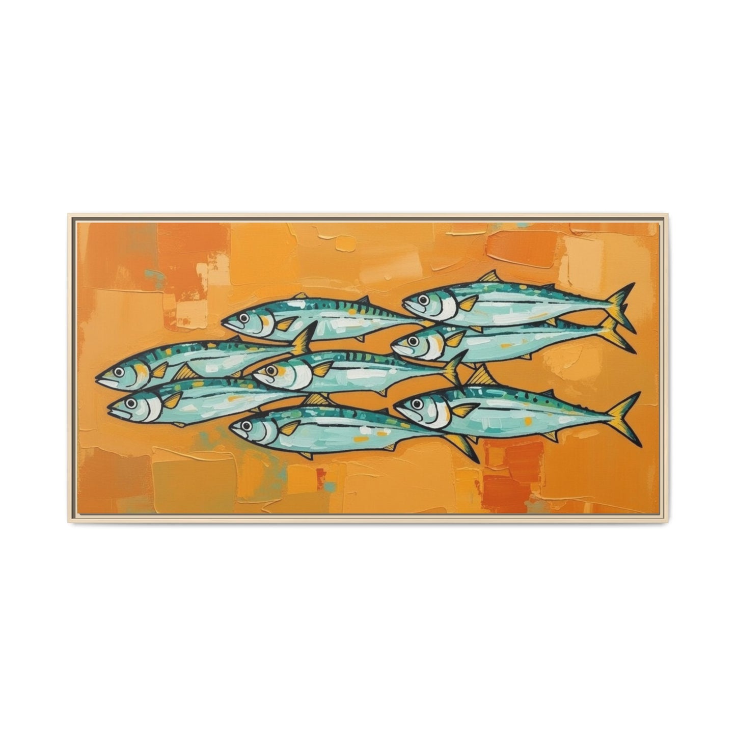 Framed Matte Canvas Print — School of Blue Fish on Orange Abstract Background