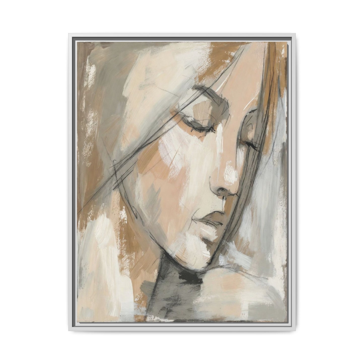 Framed Matte Canvas Art — Serene Abstract Portrait in Neutrals