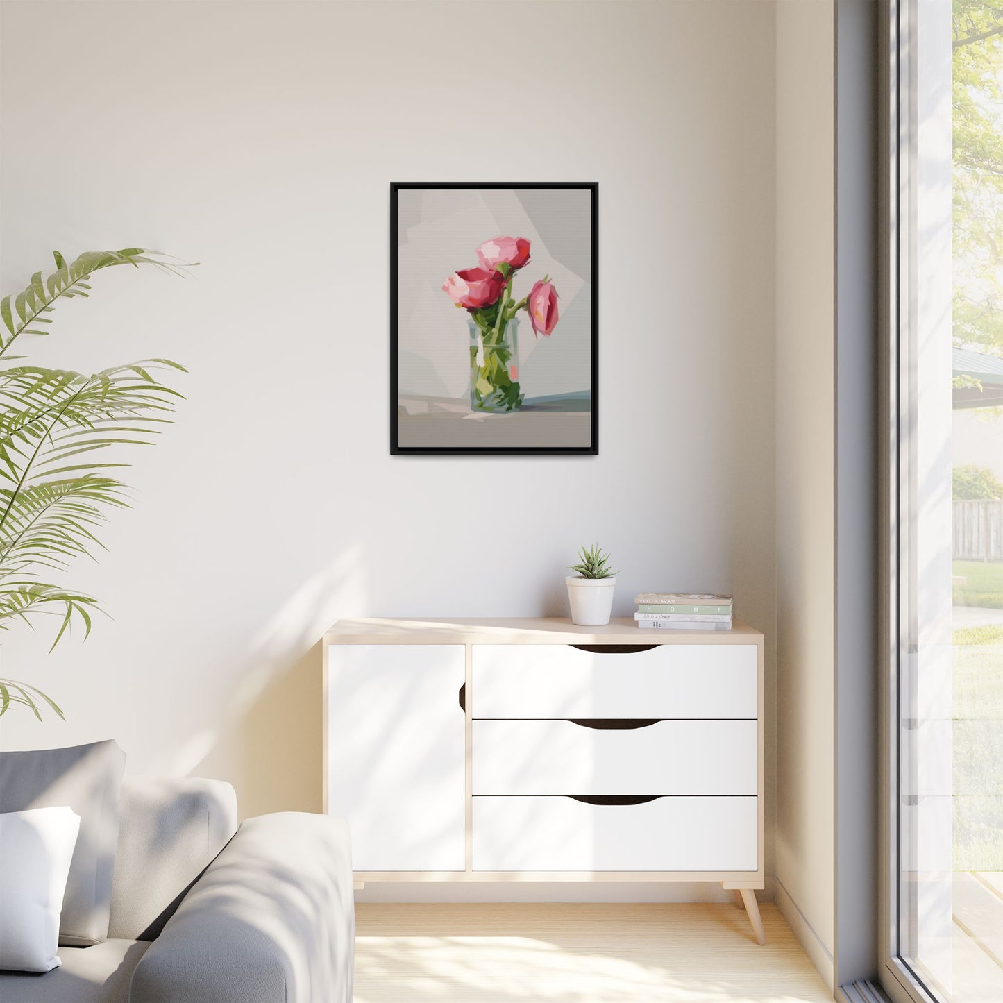 Framed Canvas Art — Pink Roses in Vase, Modern Floral Wall Print