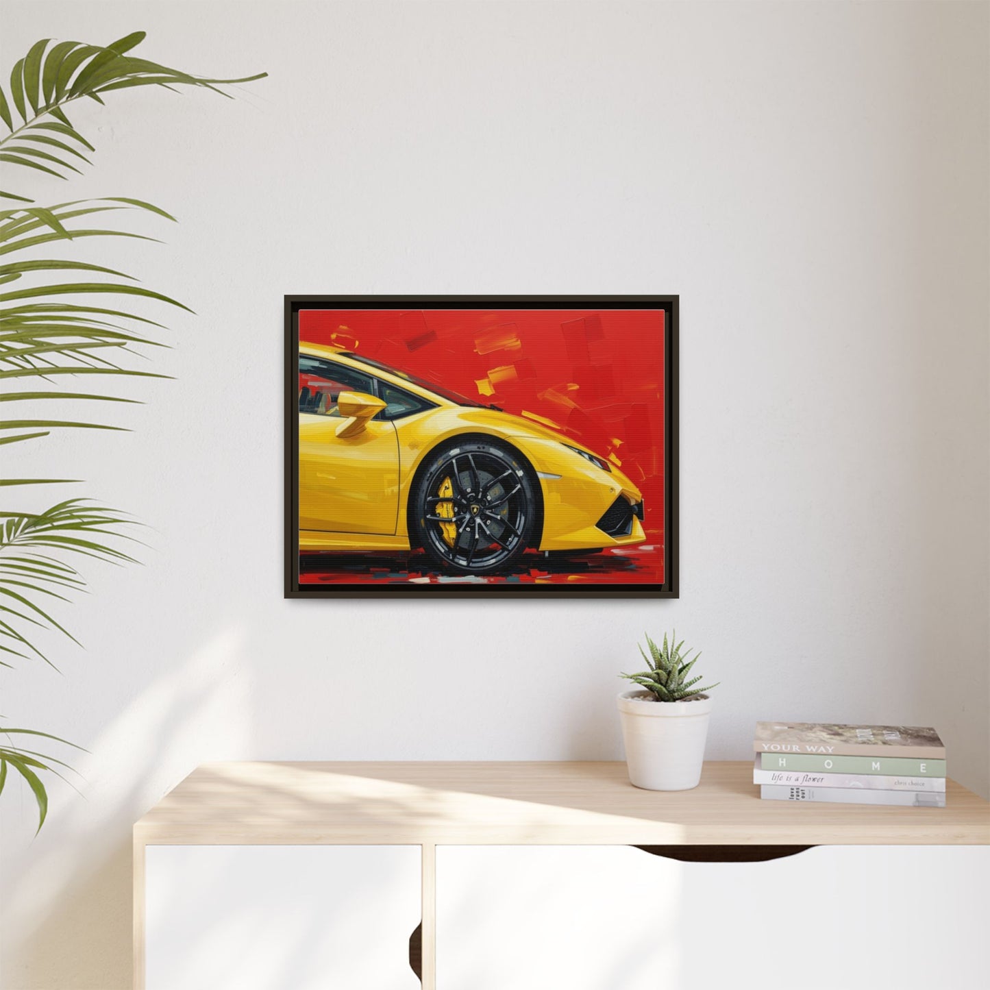 Yellow Sports Car Matte Canvas Print — Framed Automotive Wall Art