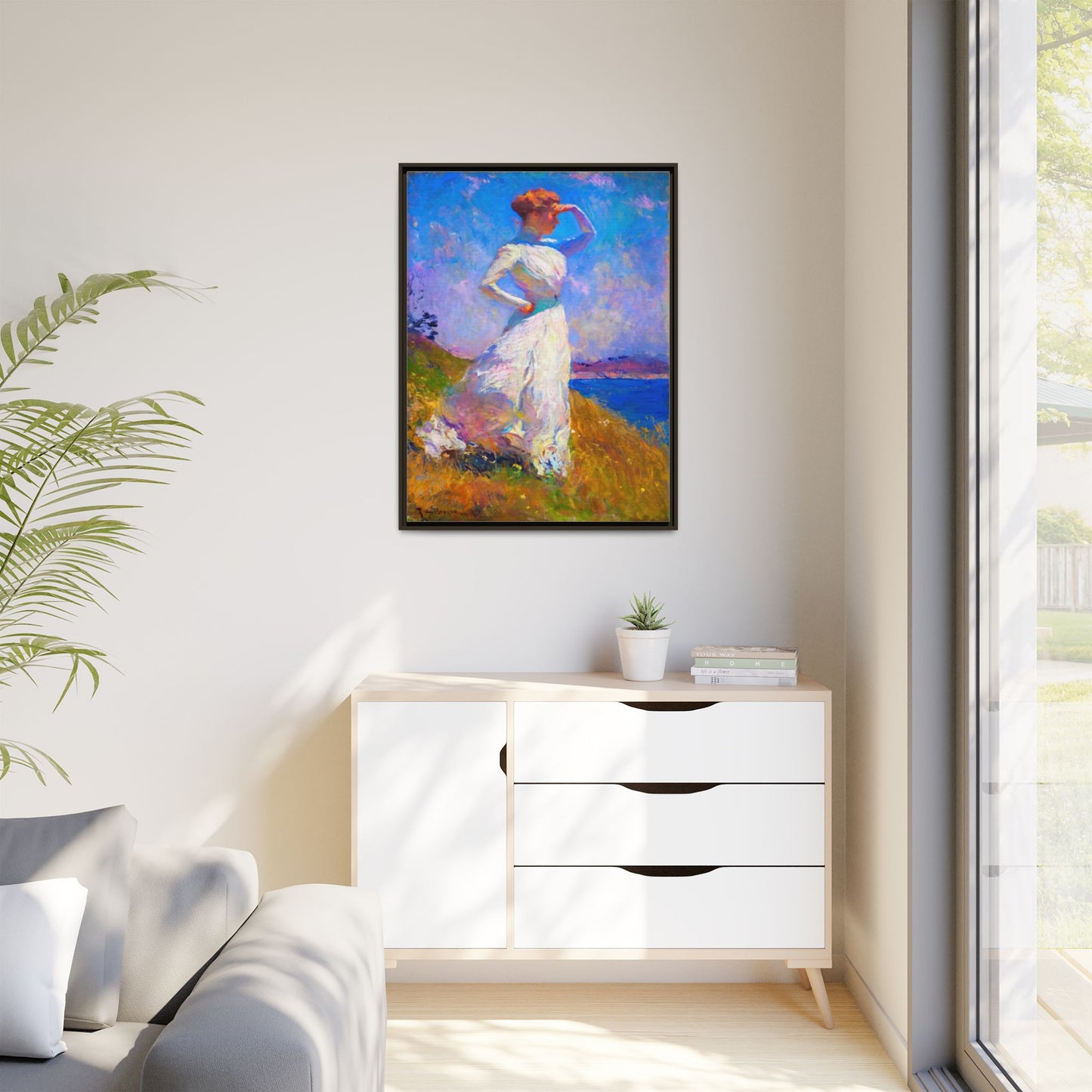 Framed Matte Canvas Art - Woman in White Seaside Impressionist Print
