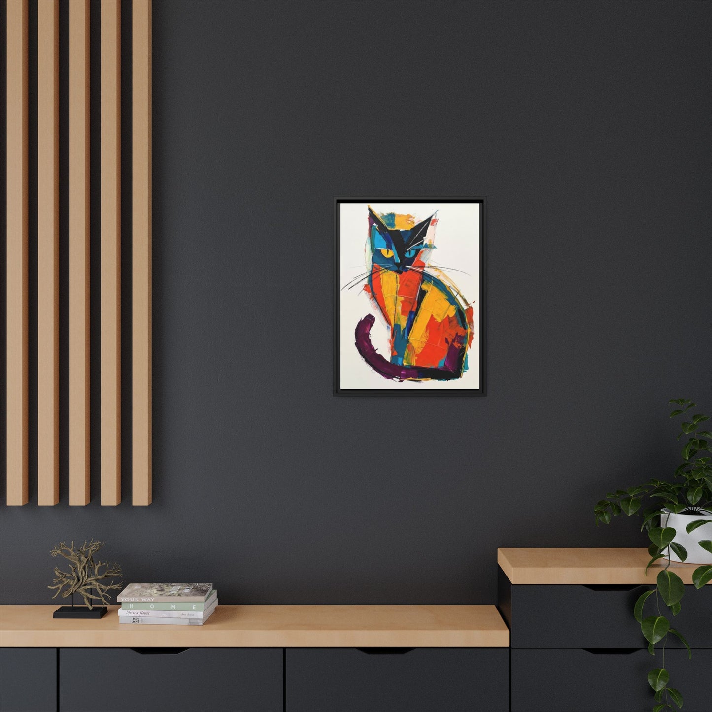 Colorful Abstract Cat Framed Canvas — Modern Matte Wall Art