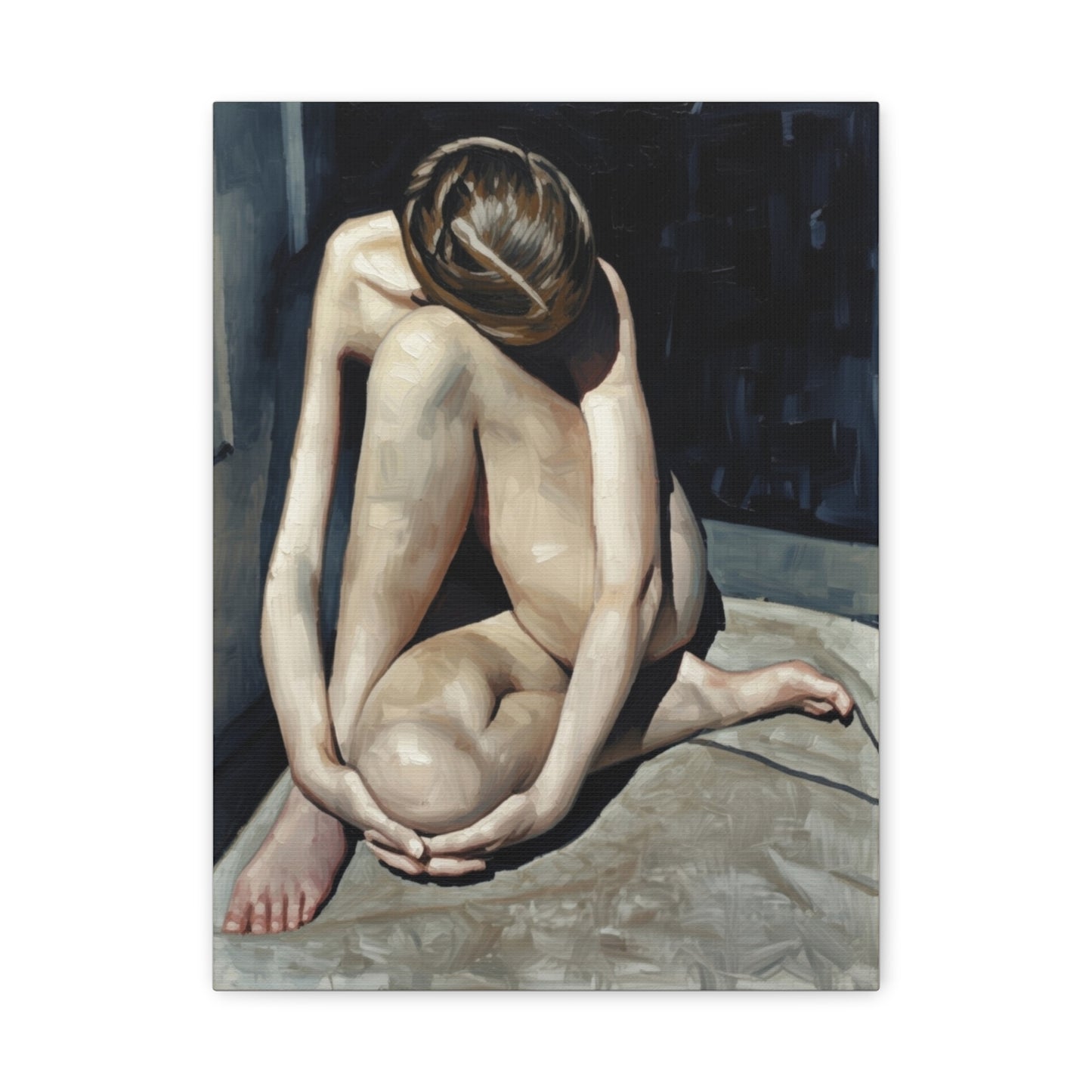Figurative Nude Art Canvas Print — Contemplative Female Figure Matte Stretched