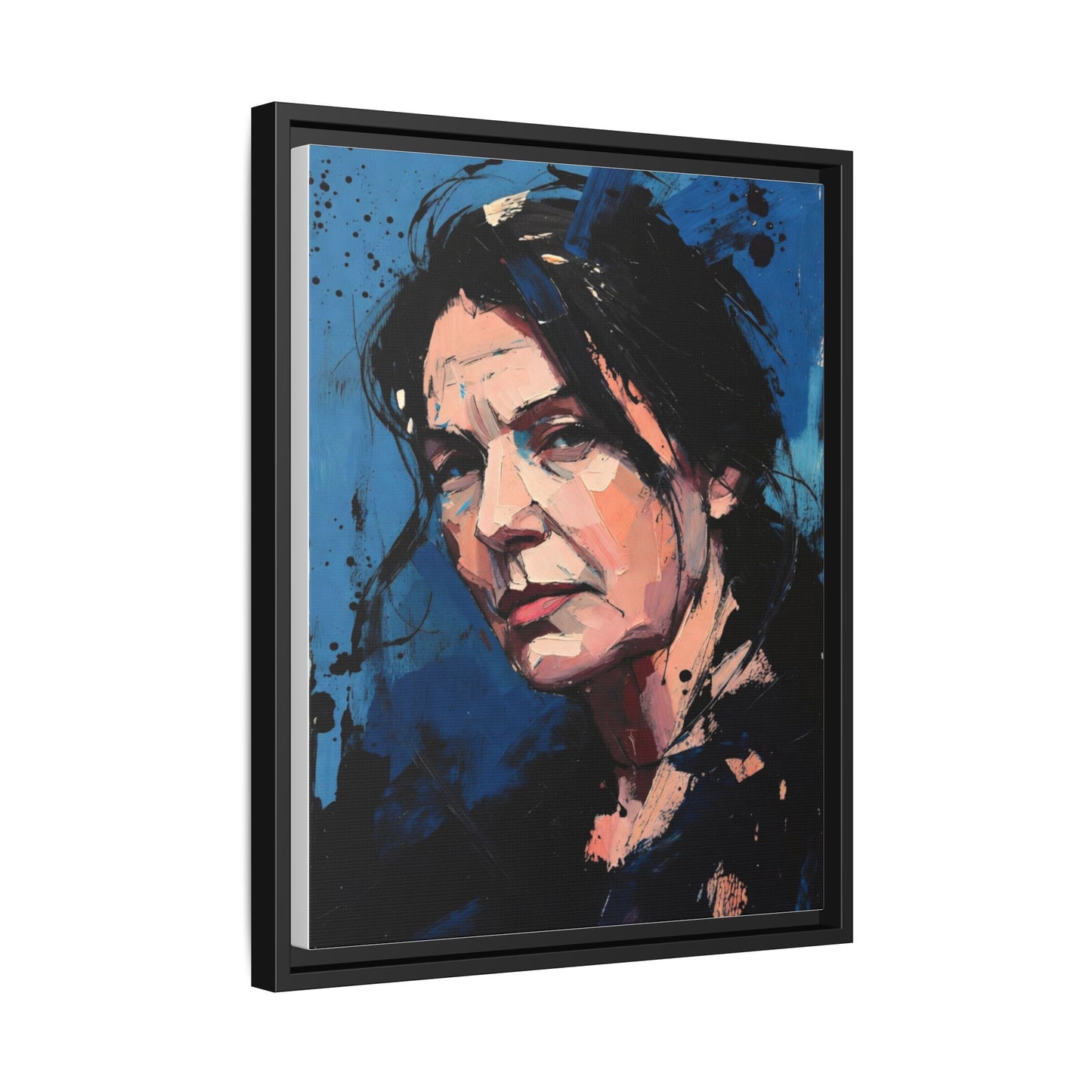 Framed Matte Canvas Portrait — Expressive Blue Painterly Woman Art