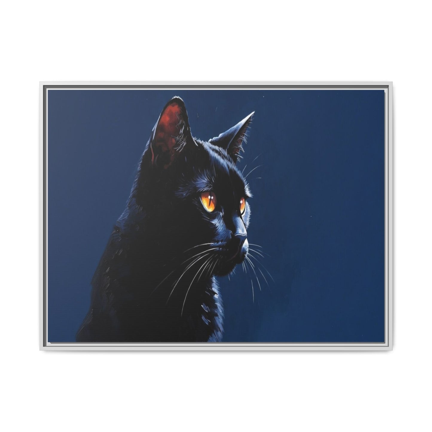 Black Cat Portrait Matte Canvas Framed Wall Art — Dramatic Feline Photo Print