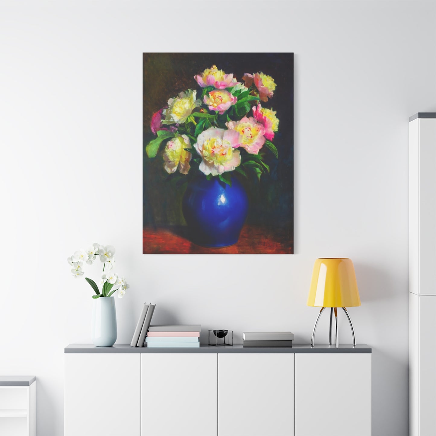 Peony Bouquet Canvas Print — Pink Peonies in Blue Vase, Stretched Matte Wall Art