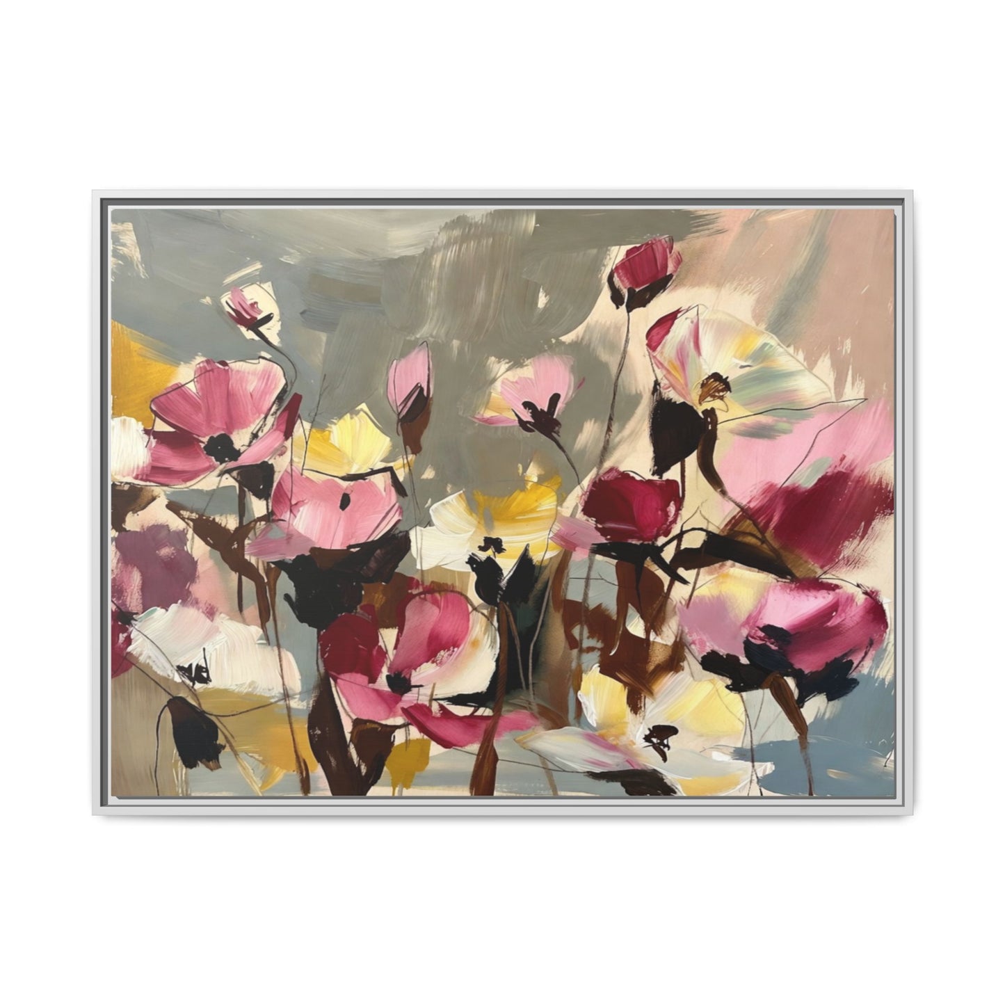 Framed Floral Canvas Wall Art — Abstract Pink & Yellow Flowers