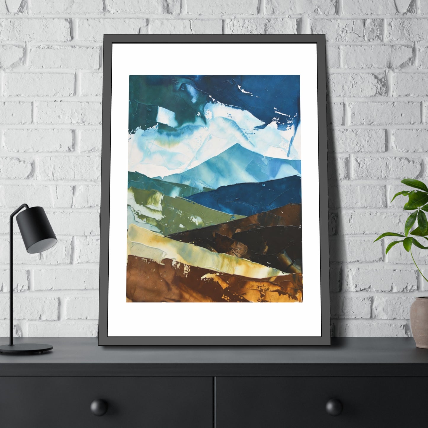Framed Abstract Mountain Art Print – Blue & Earthtone Layered Landscape Poster