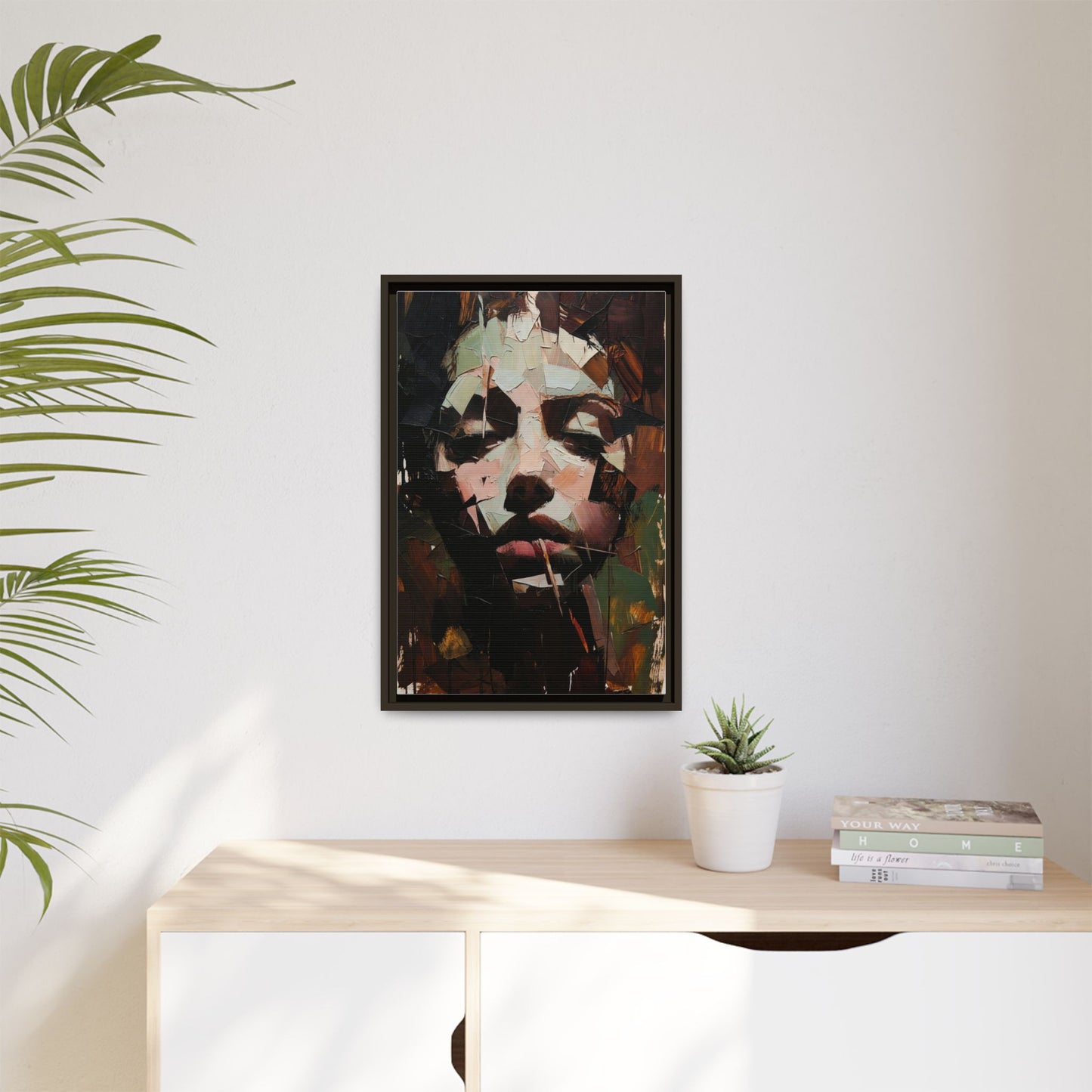 Matte Framed Canvas Art — Abstract Female Portrait, Moody Multicolor