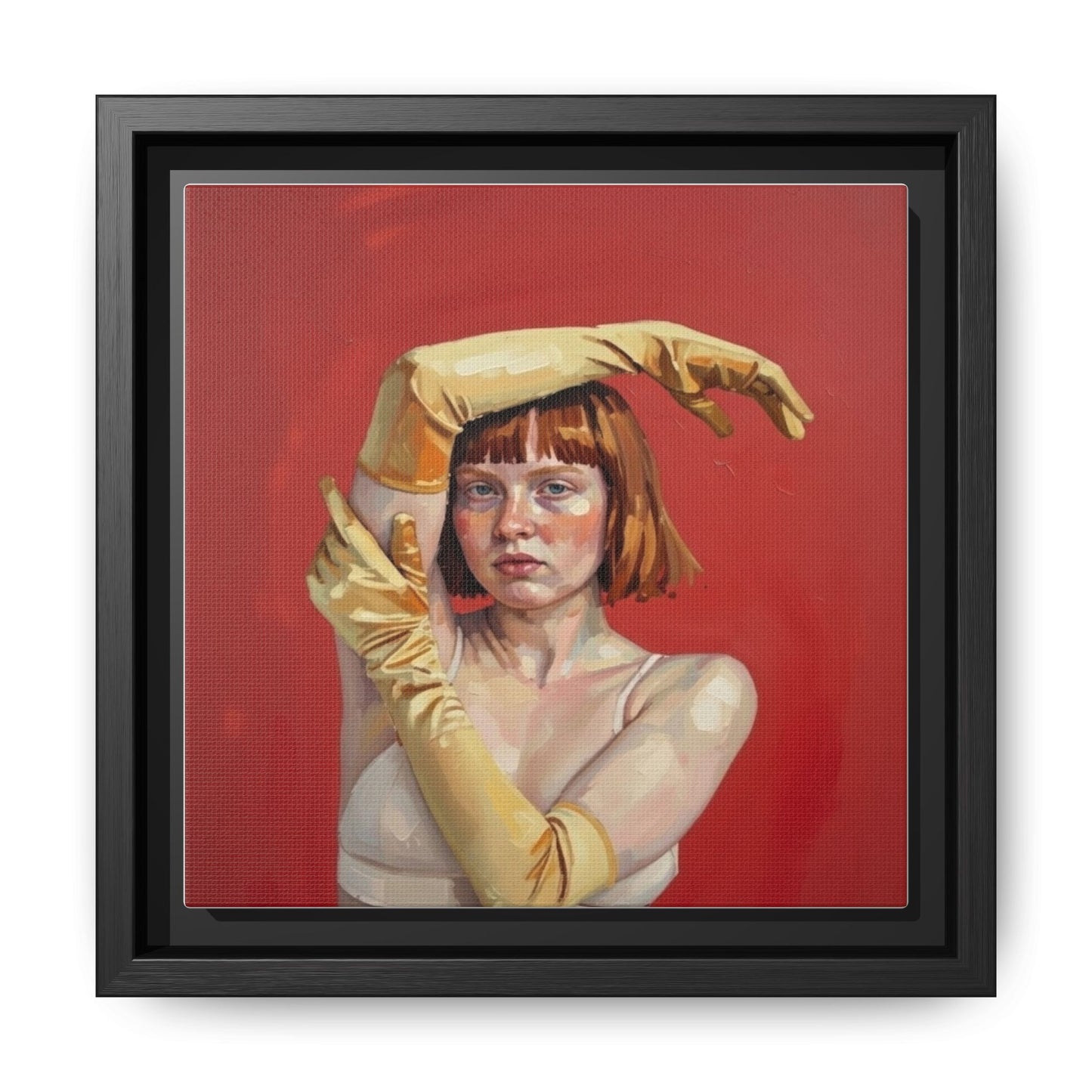 Framed Matte Canvas Art - Portrait of Woman in Yellow Gloves (Red Background)