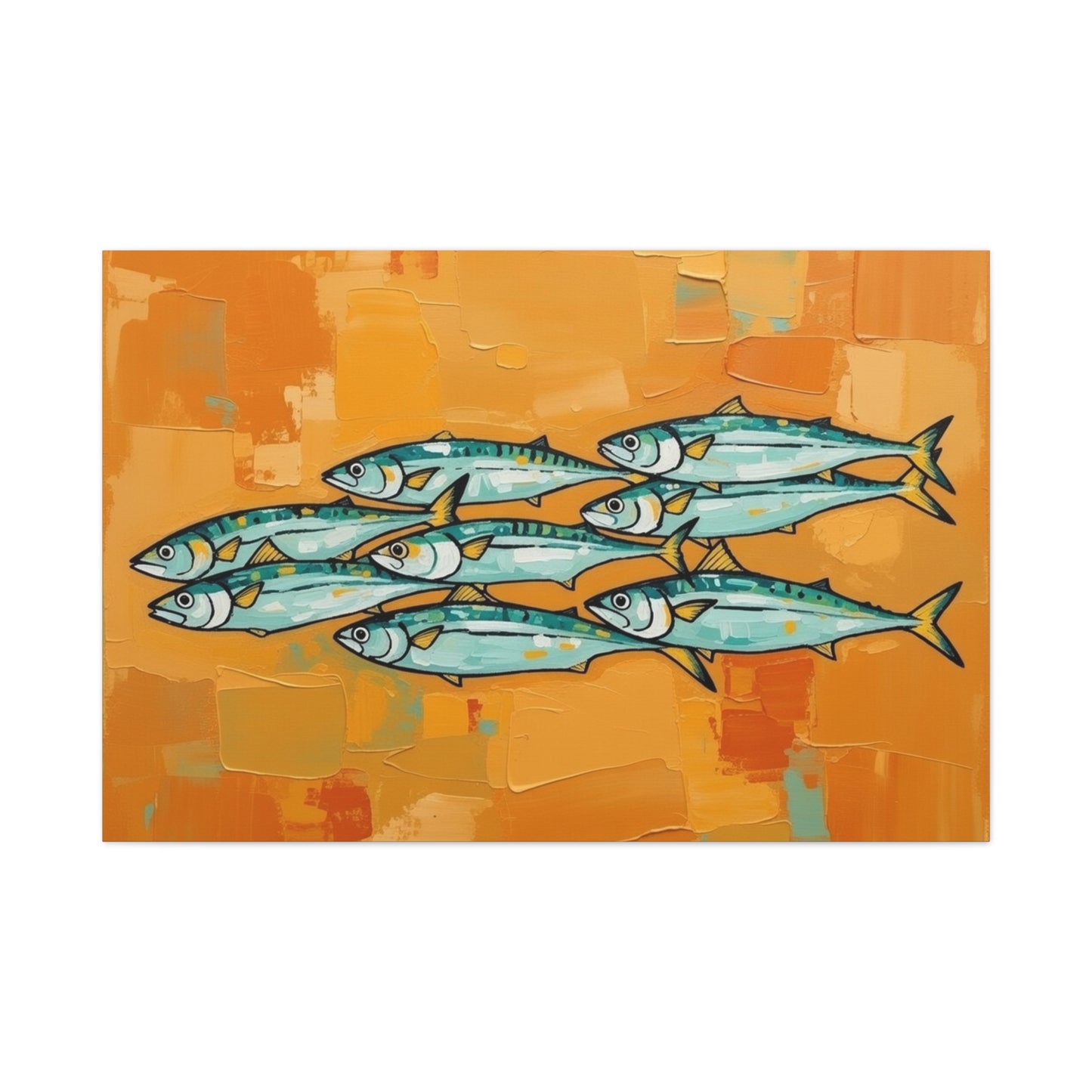 School of Mackerel Canvas Wall Art — Nautical Fish Painting on Orange Background