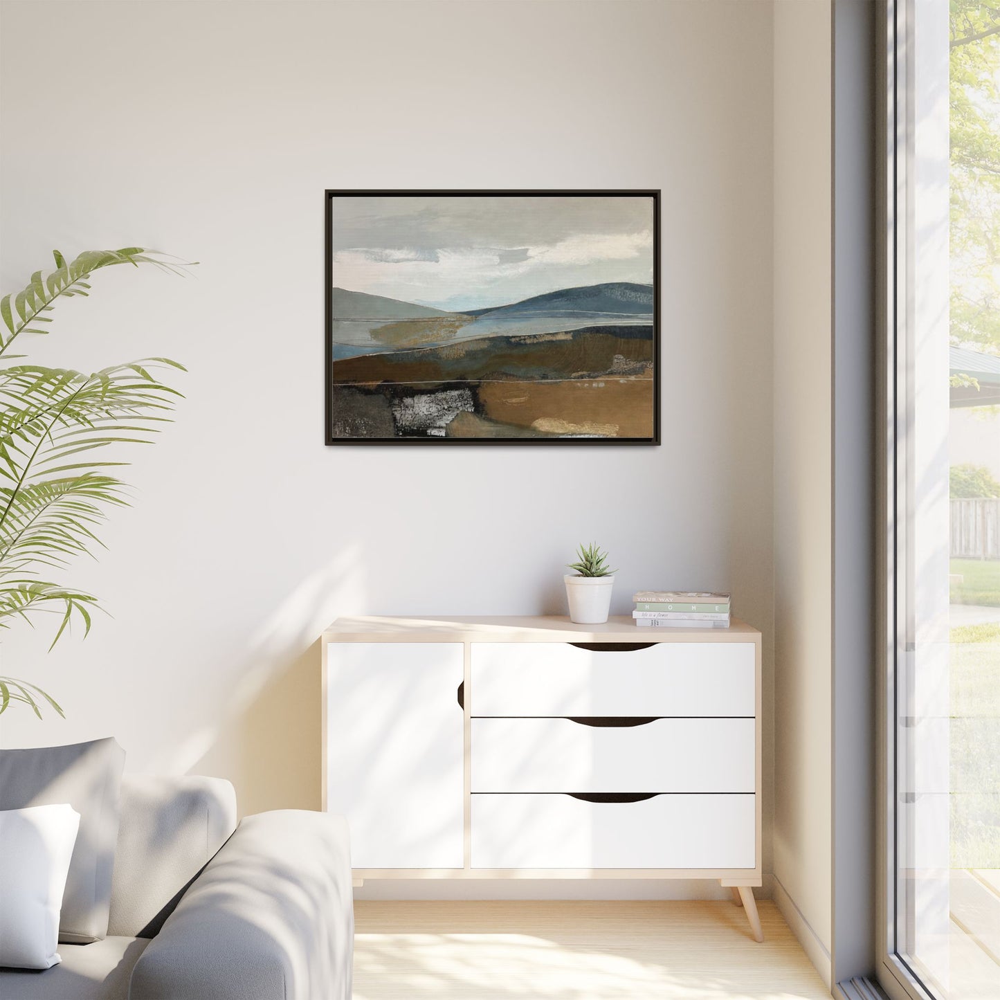 Framed Matte Canvas Landscape Art - Serene Abstract Hills in Blue & Earth Tones