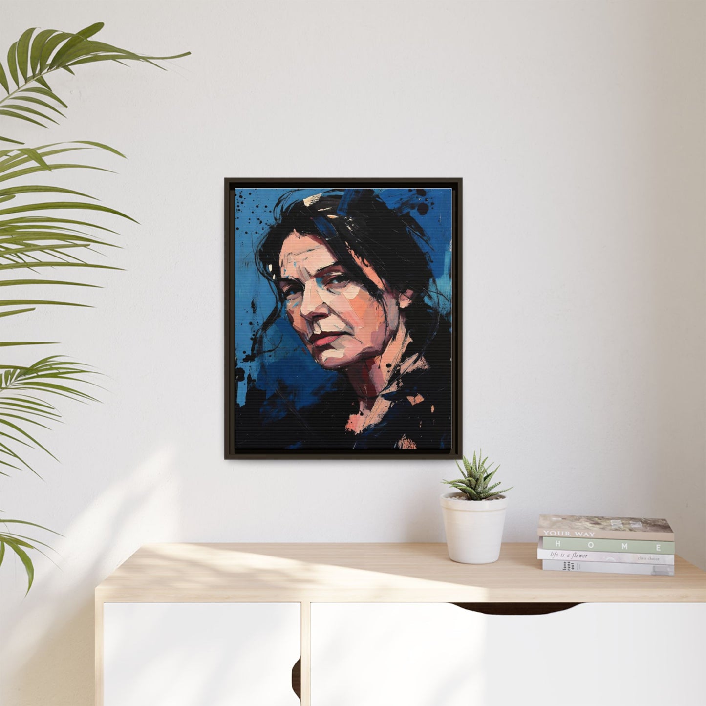 Framed Matte Canvas Portrait — Expressive Blue Painterly Woman Art