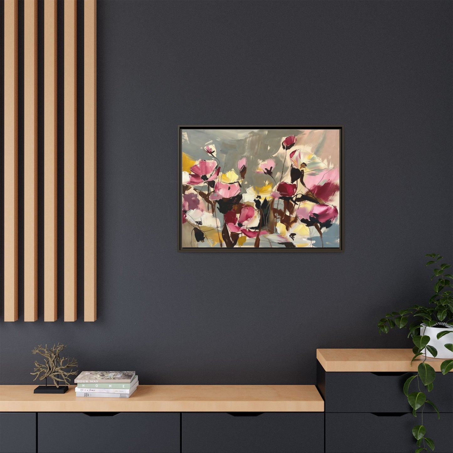 Framed Floral Canvas Wall Art — Abstract Pink & Yellow Flowers