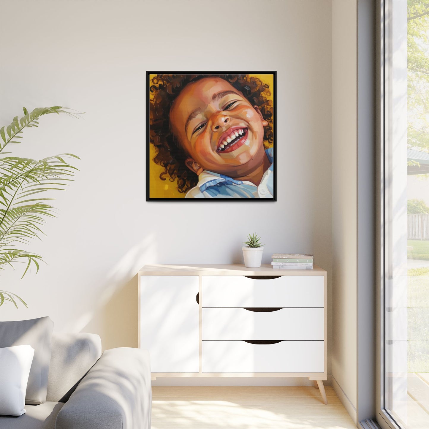 Framed Matte Canvas Print – Joyful Child Portrait, Colorful Nursery Wall Art