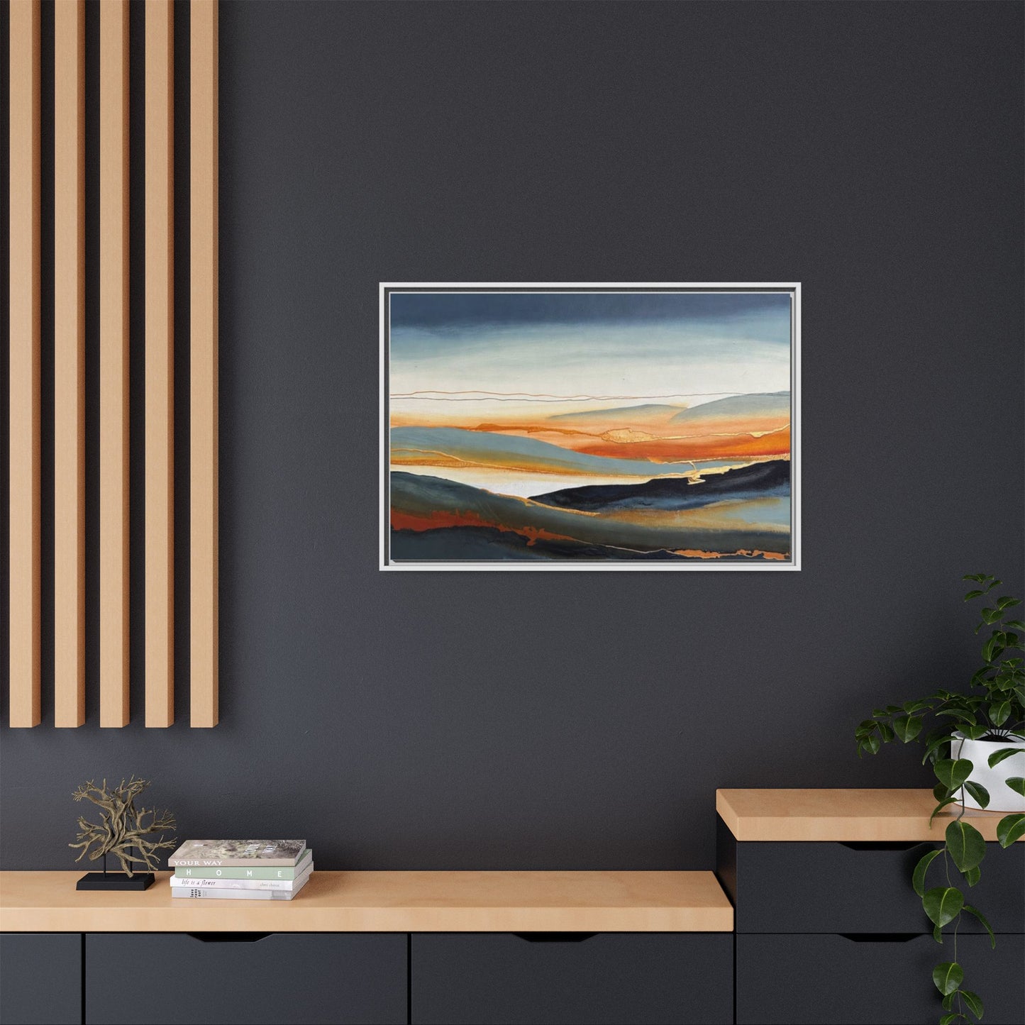 Framed Matte Canvas: Abstract Coastal Sunset Landscape Wall Art