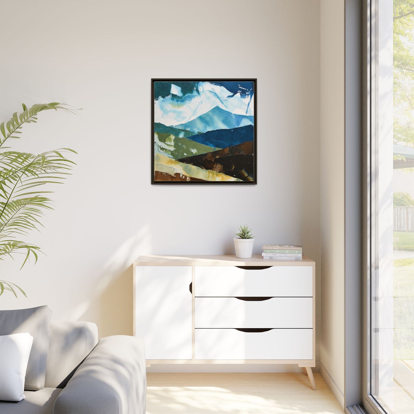 Framed Abstract Mountain Canvas Art — Blue & Earthtone Landscape Print