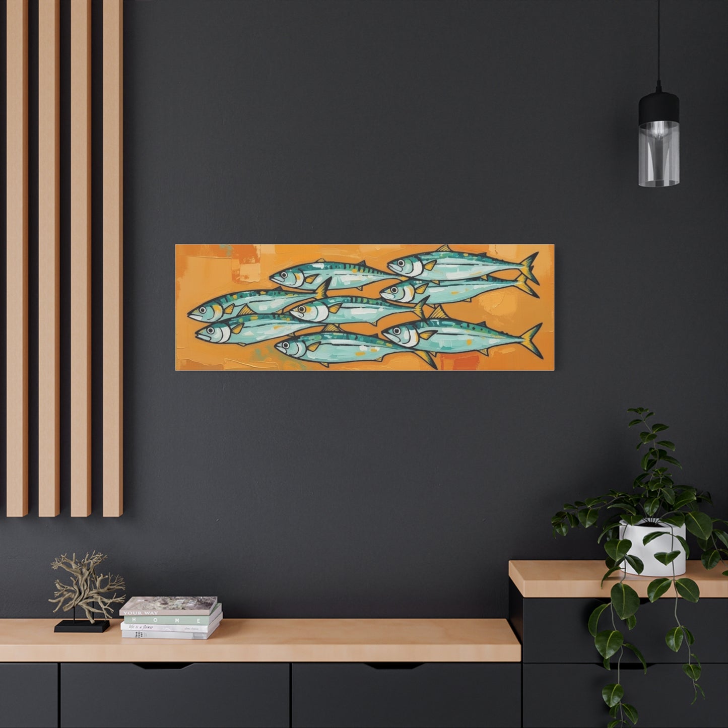 School of Mackerel Canvas Wall Art — Nautical Fish Painting on Orange Background