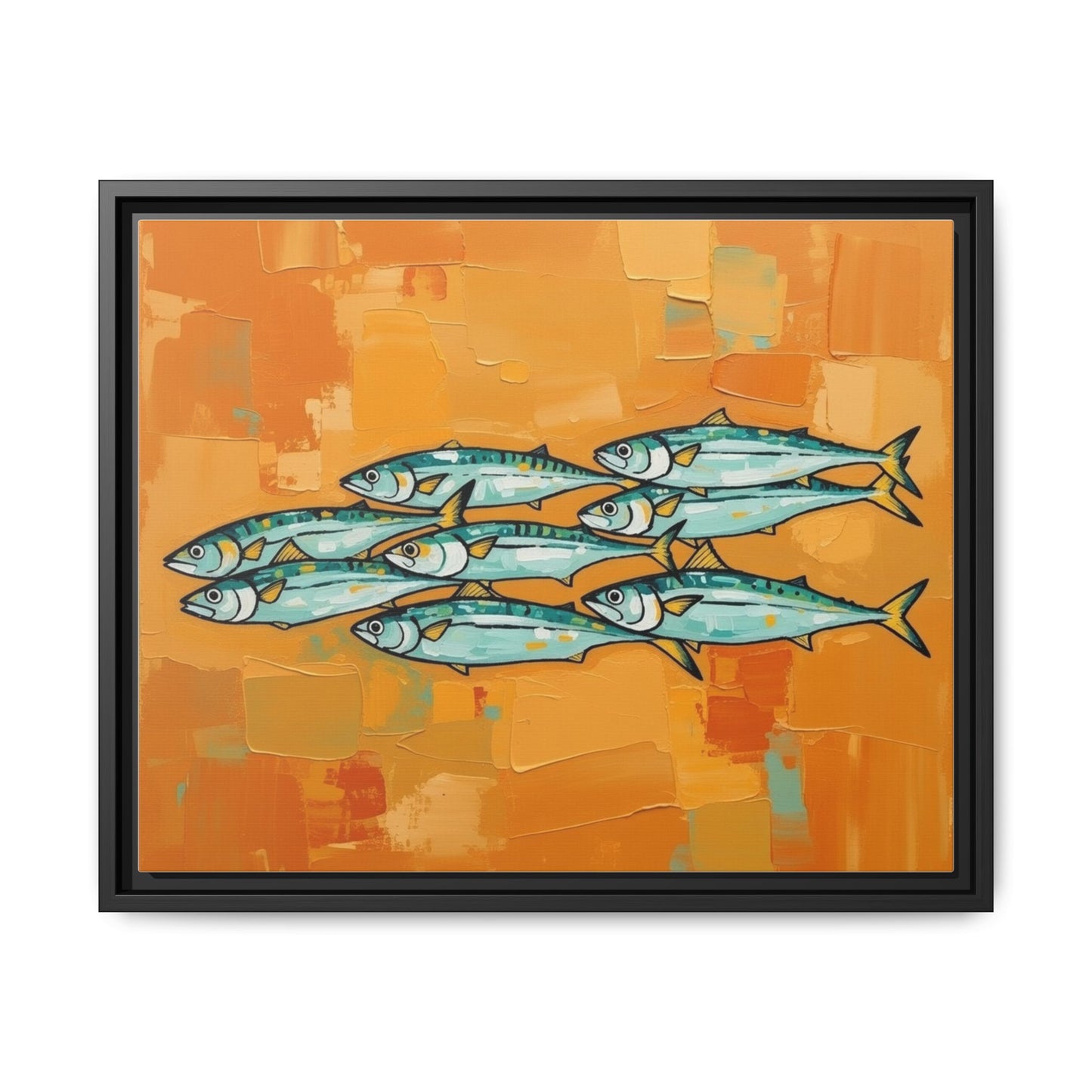 Framed Matte Canvas Print — School of Blue Fish on Orange Abstract Background