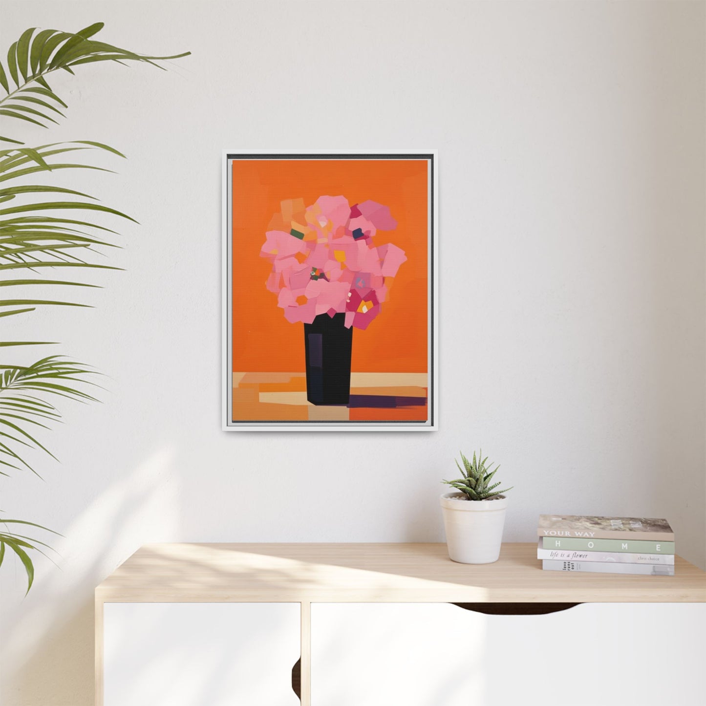 Framed Floral Canvas Art — Pink Bouquet on Orange Background