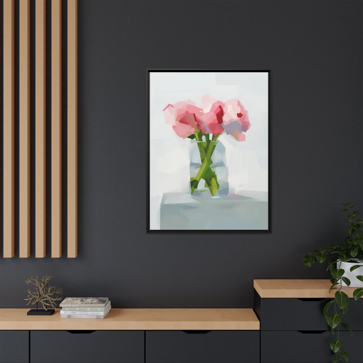 Framed Floral Canvas Art — Pink Peonies in Vase (Matte)