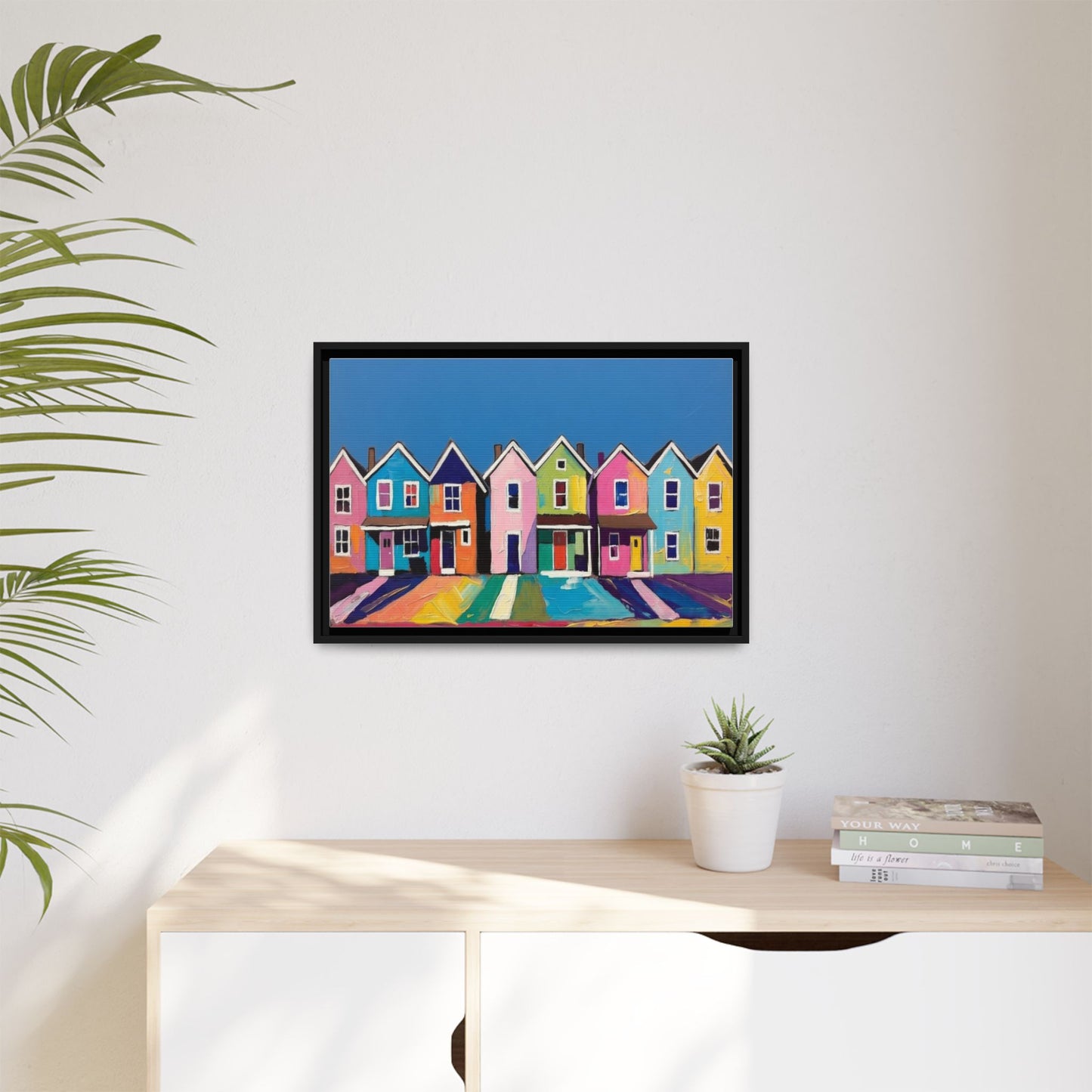 Colorful Beach Houses Matte Canvas Framed Wall Art