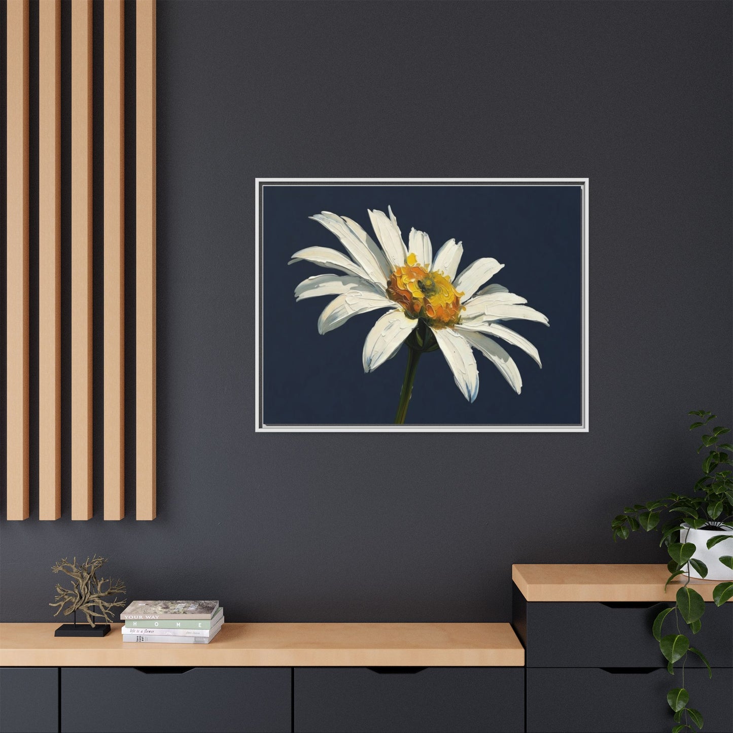 Framed Matte Canvas Daisy Wall Art — White Floral Painting on Navy