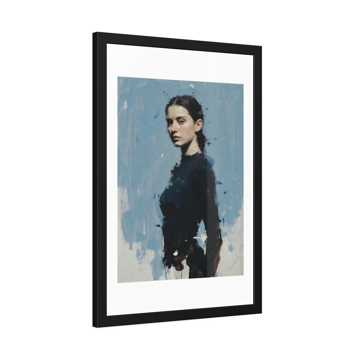 Framed Art Print — Moody Portrait with Blue Painterly Background