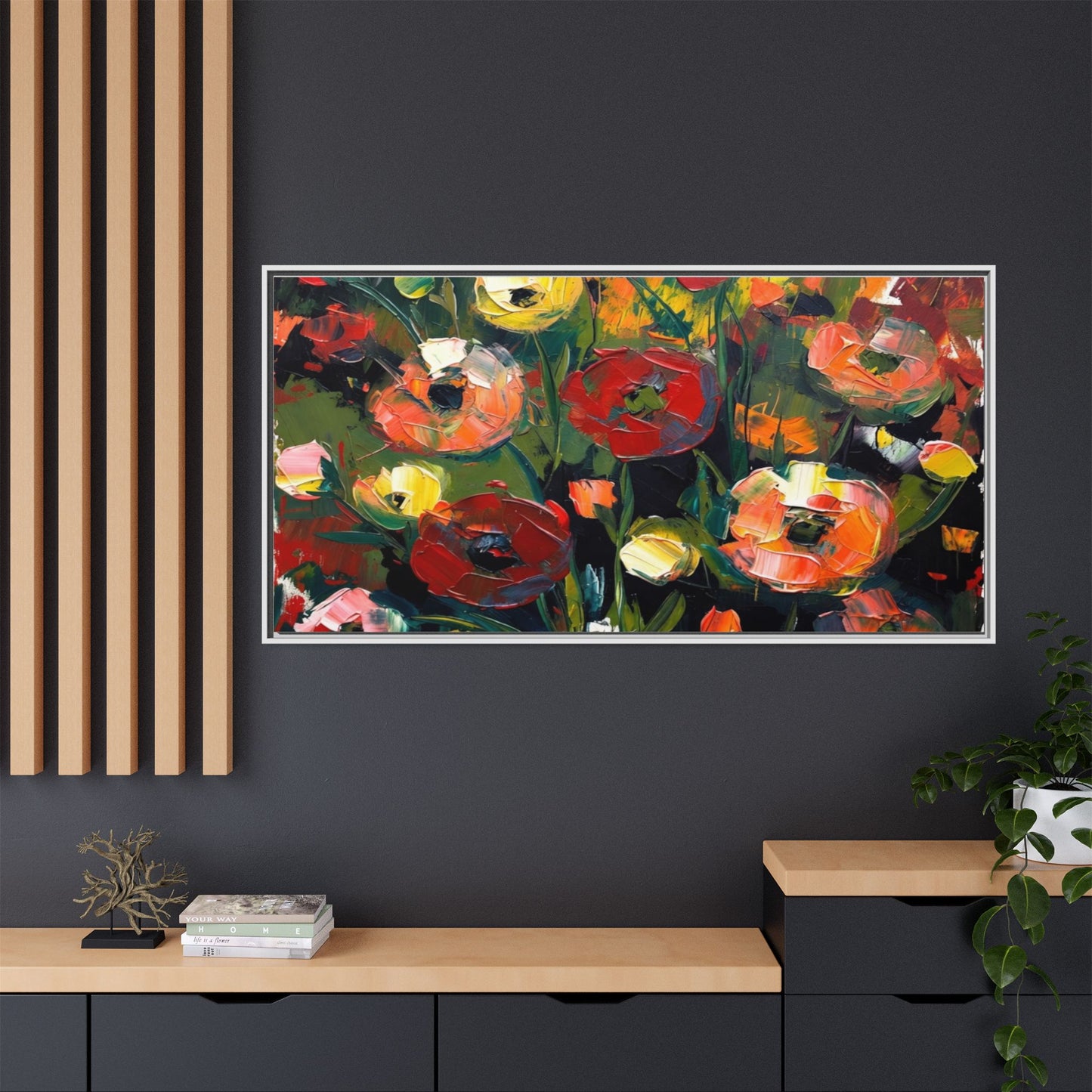 Framed Floral Canvas Print — Vibrant Abstract Poppies Wall Art